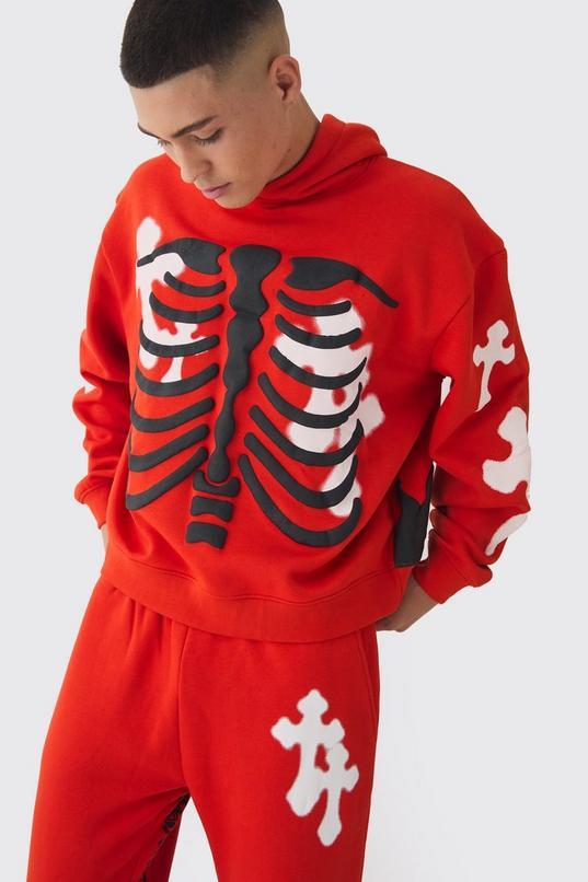 Oversized Boxy Skeleton Puff Print Cross Hoodie by BOOHOOMAN