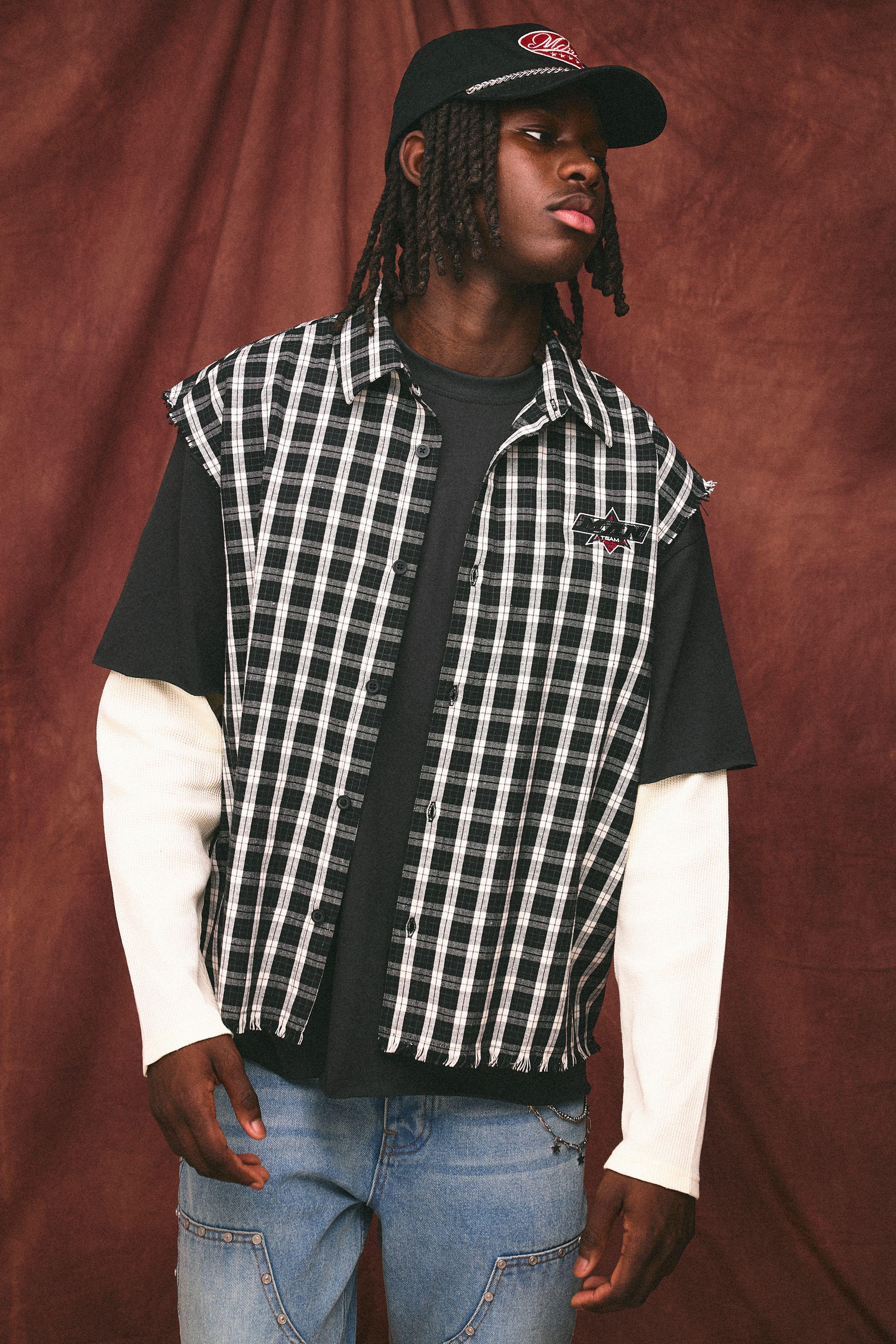 Oversized Boxy Sleeveless Applique Check Shirt by BOOHOOMAN
