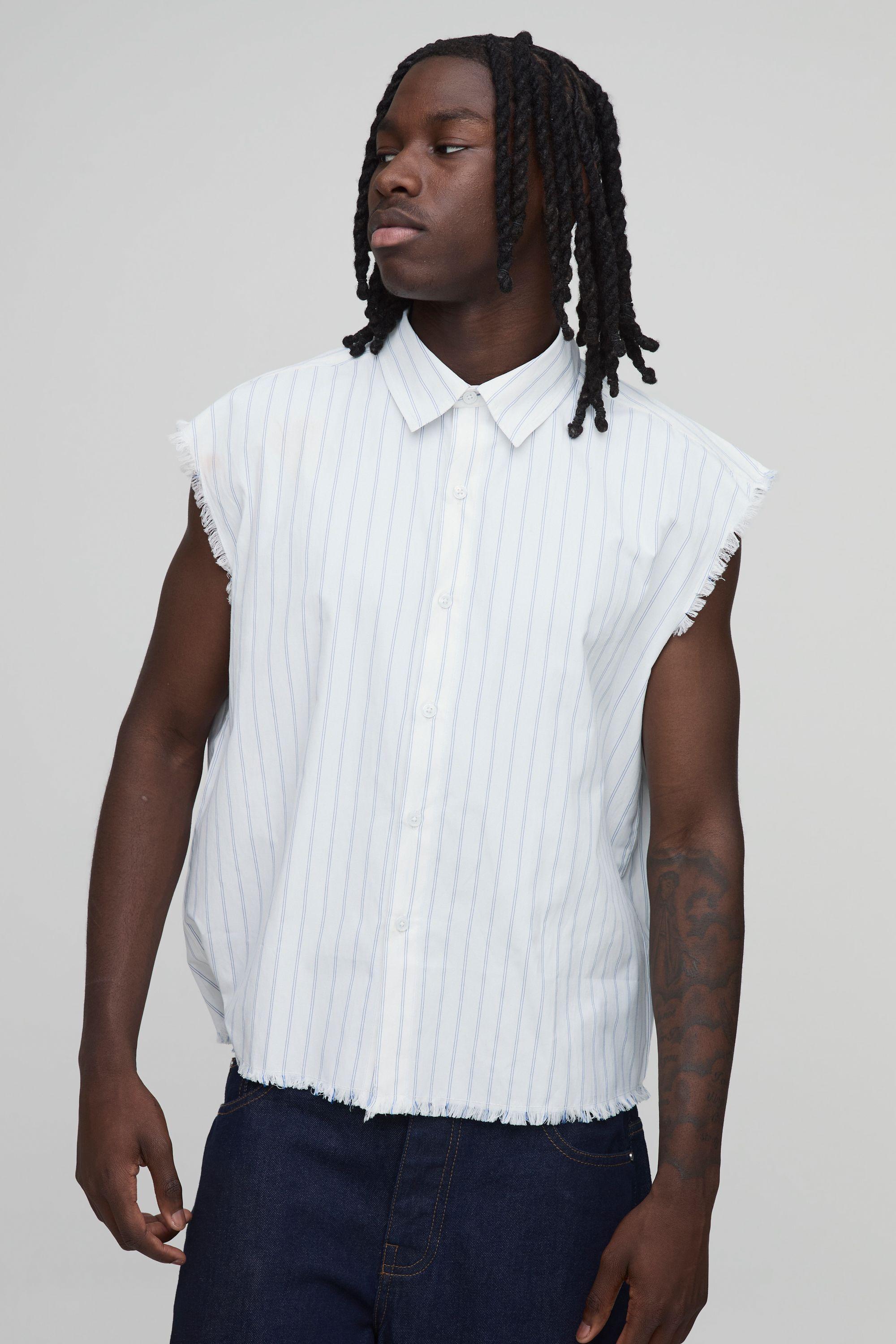 Oversized Boxy Sleeveless Double Stripe Raw Seam Shirt by BOOHOOMAN