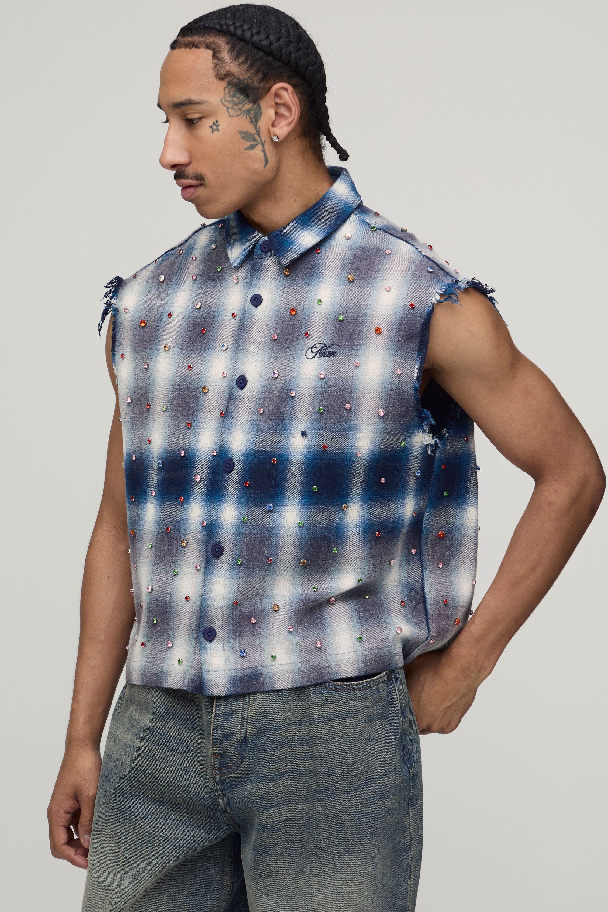 Oversized Boxy Sleeveless Raw Seam Jewel Shirt by BOOHOOMAN
