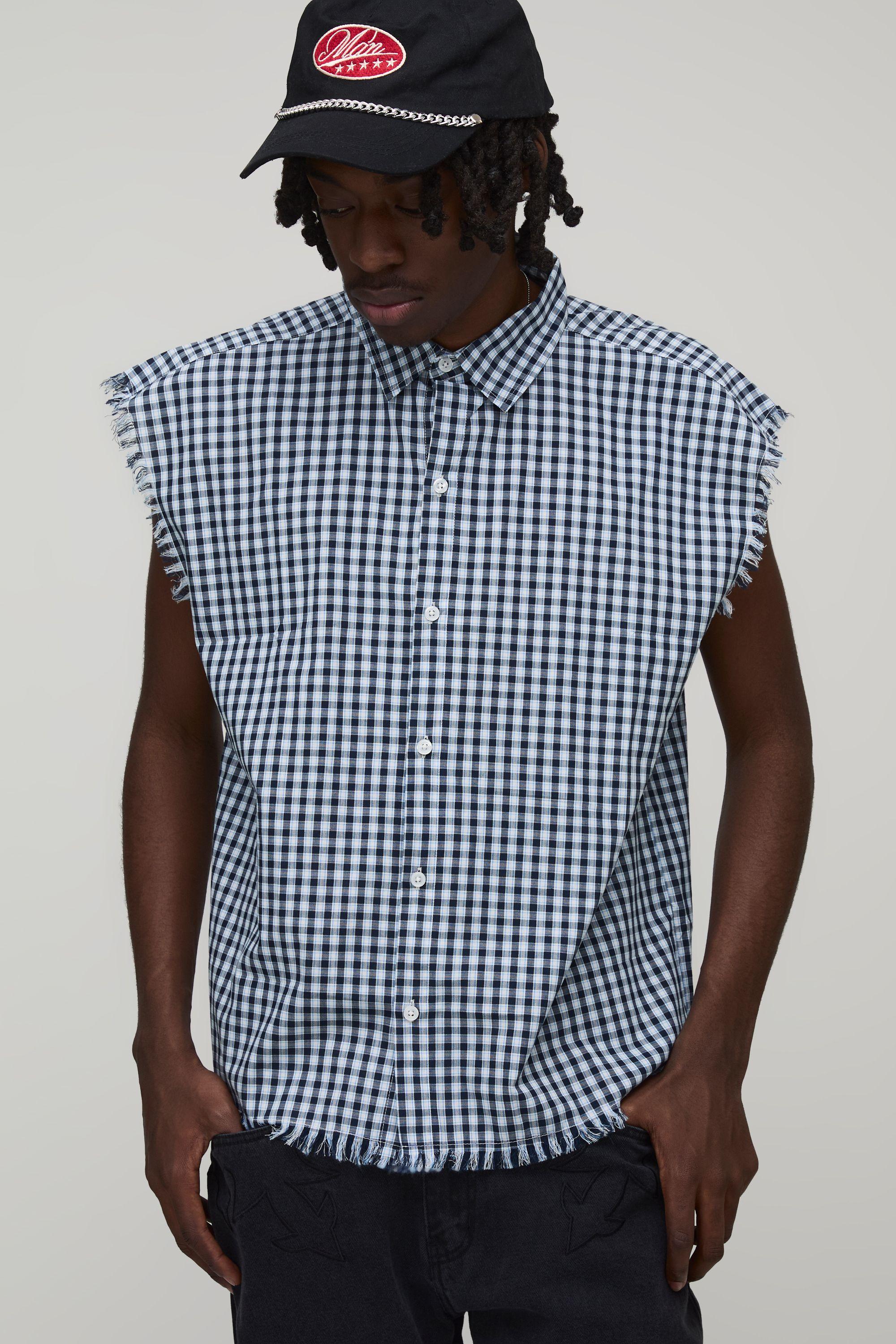 Oversized Boxy Sleeveless Raw Seams Check Flannel Shirt by BOOHOOMAN