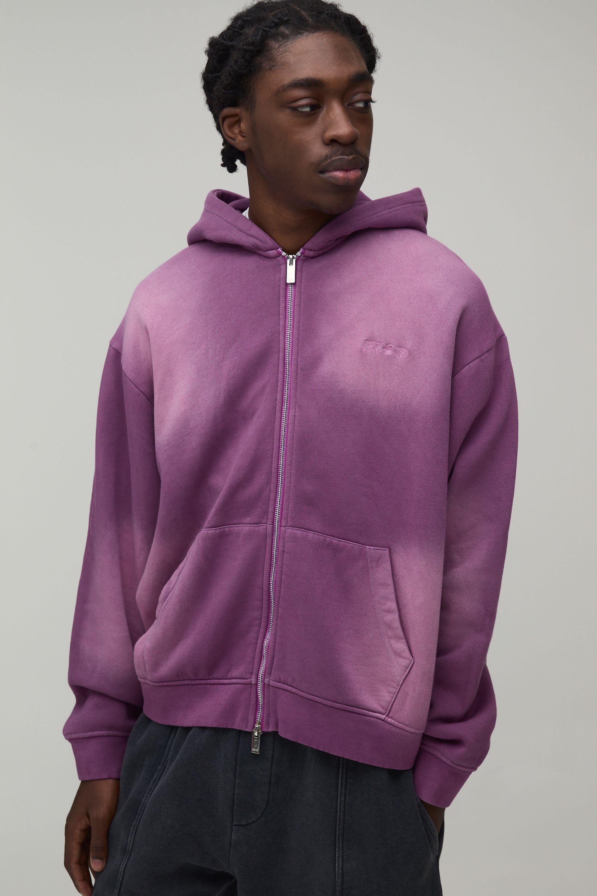 Oversized Boxy Spray Wash Man Embroidered Double Ended Zip Through Hoodie by BOOHOOMAN