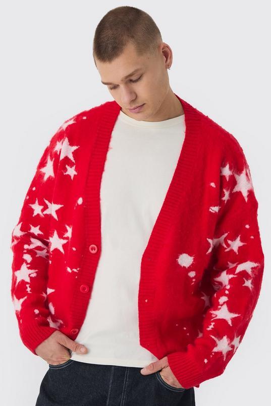 Oversized Boxy Star Brushed Knitted Cardigan by BOOHOOMAN