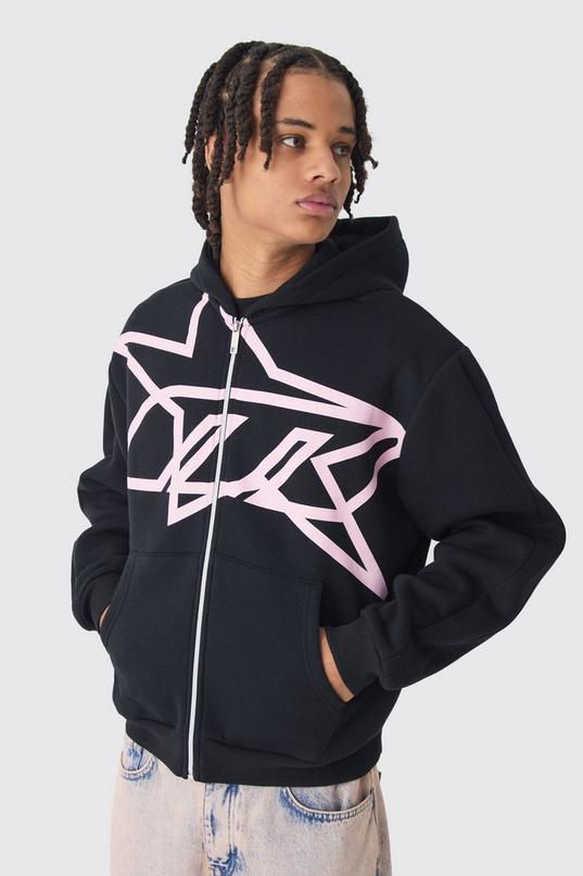 Oversized Boxy Star Printed Zip Through Hoodie by BOOHOOMAN