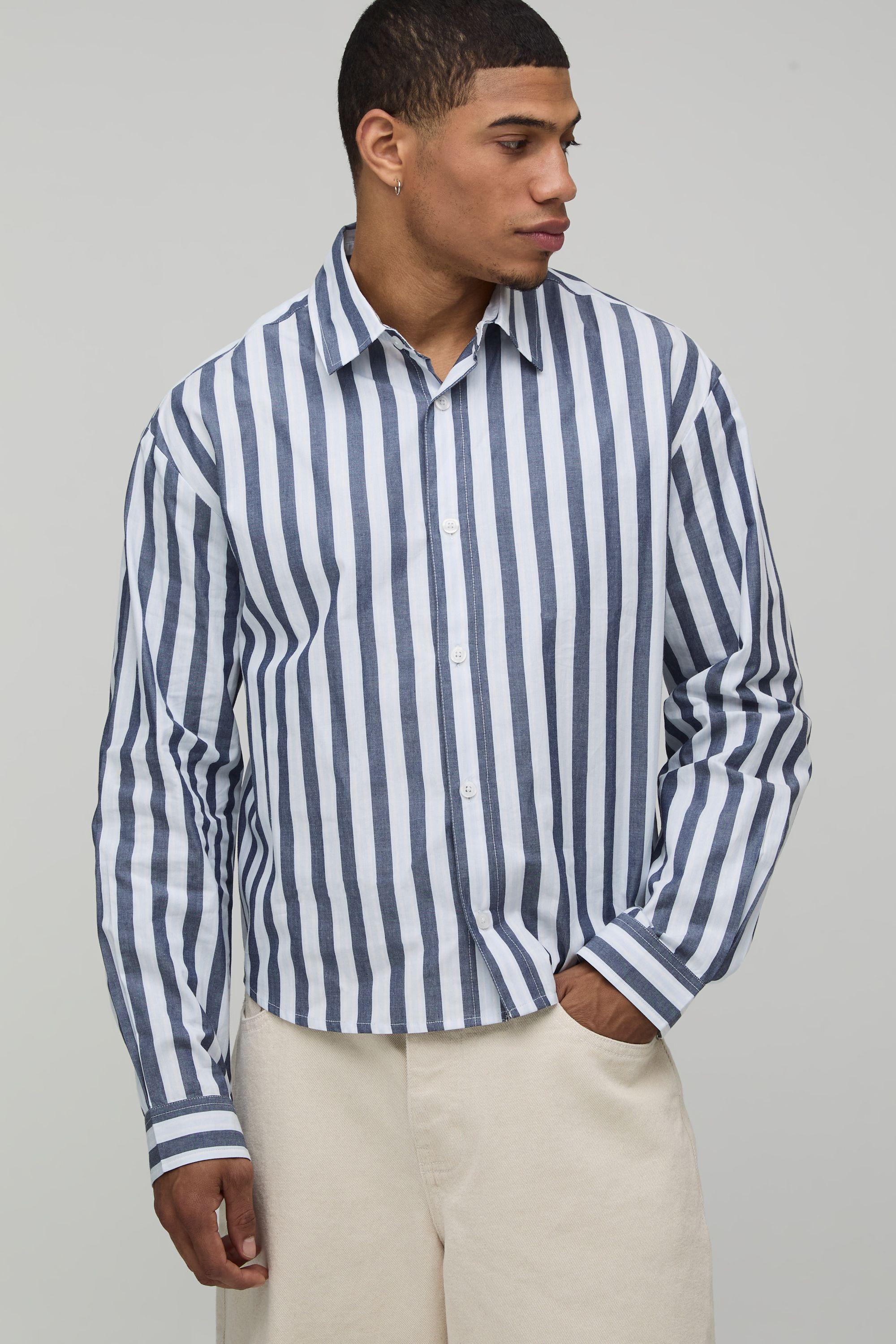 Oversized Boxy Stripe Long Sleeve Curved Hem Shirt by BOOHOOMAN