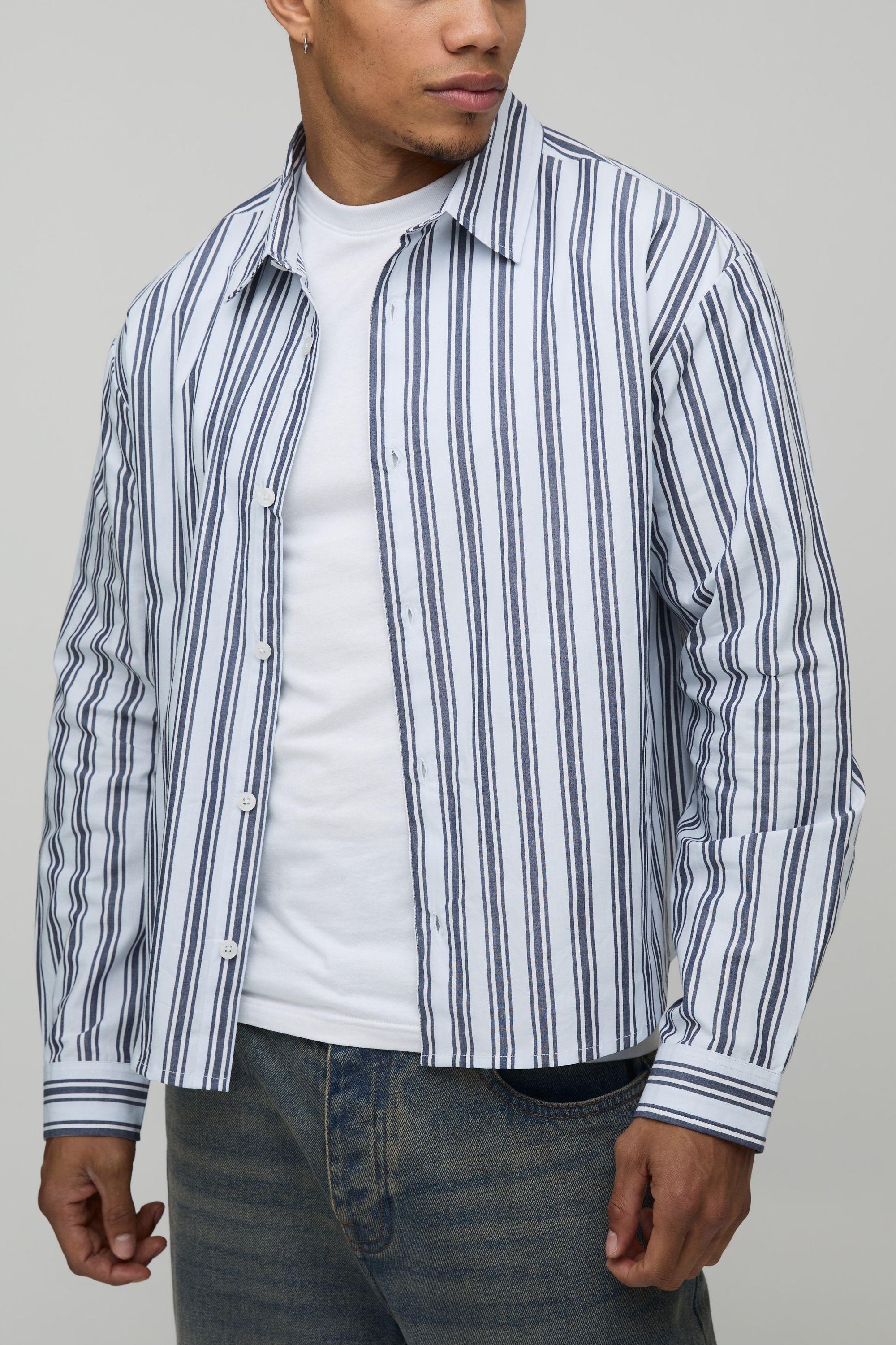 Oversized Boxy Stripe Long Sleeve Curved Hem Shirt by BOOHOOMAN
