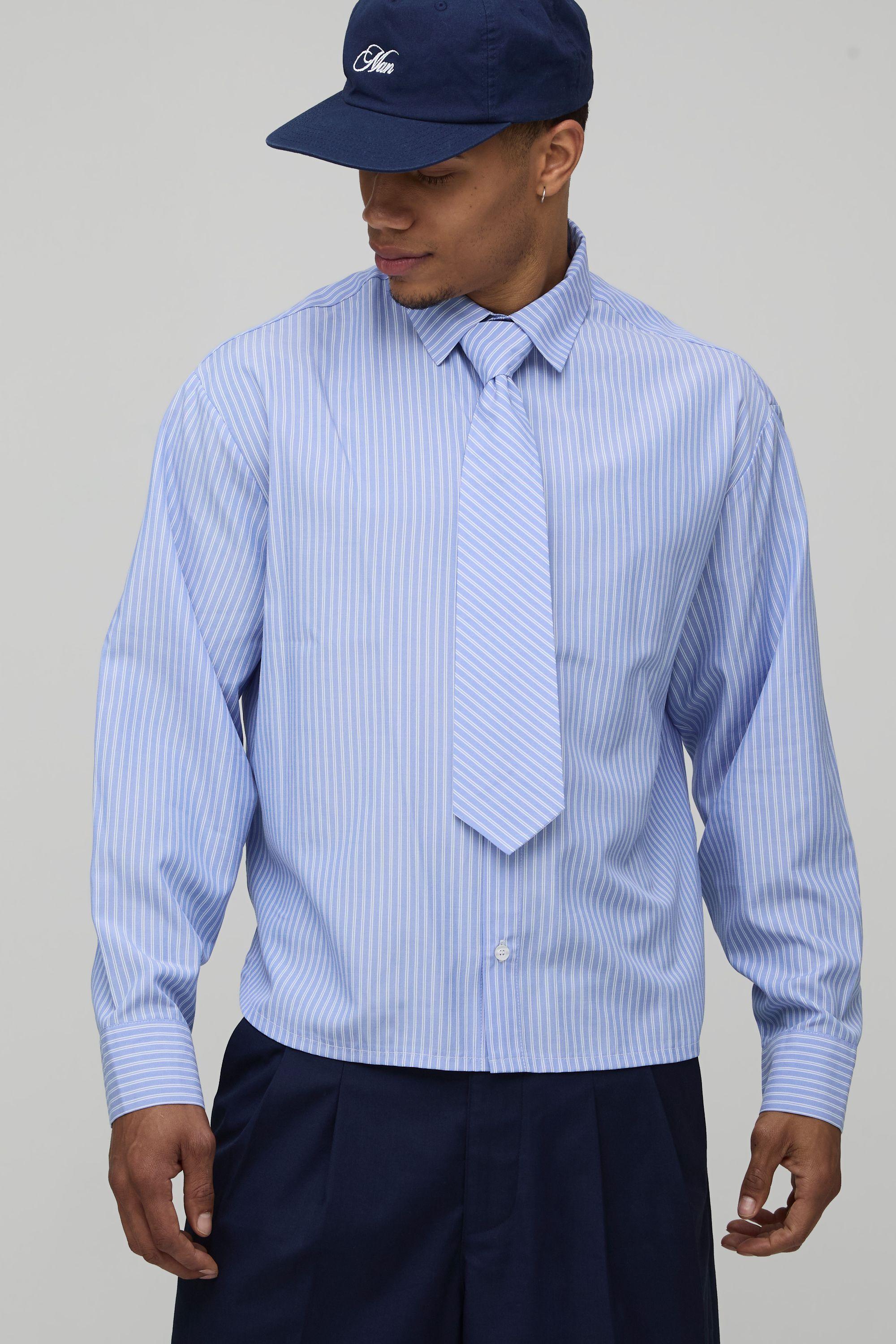Oversized Boxy Stripe Shirt and Tie by BOOHOOMAN