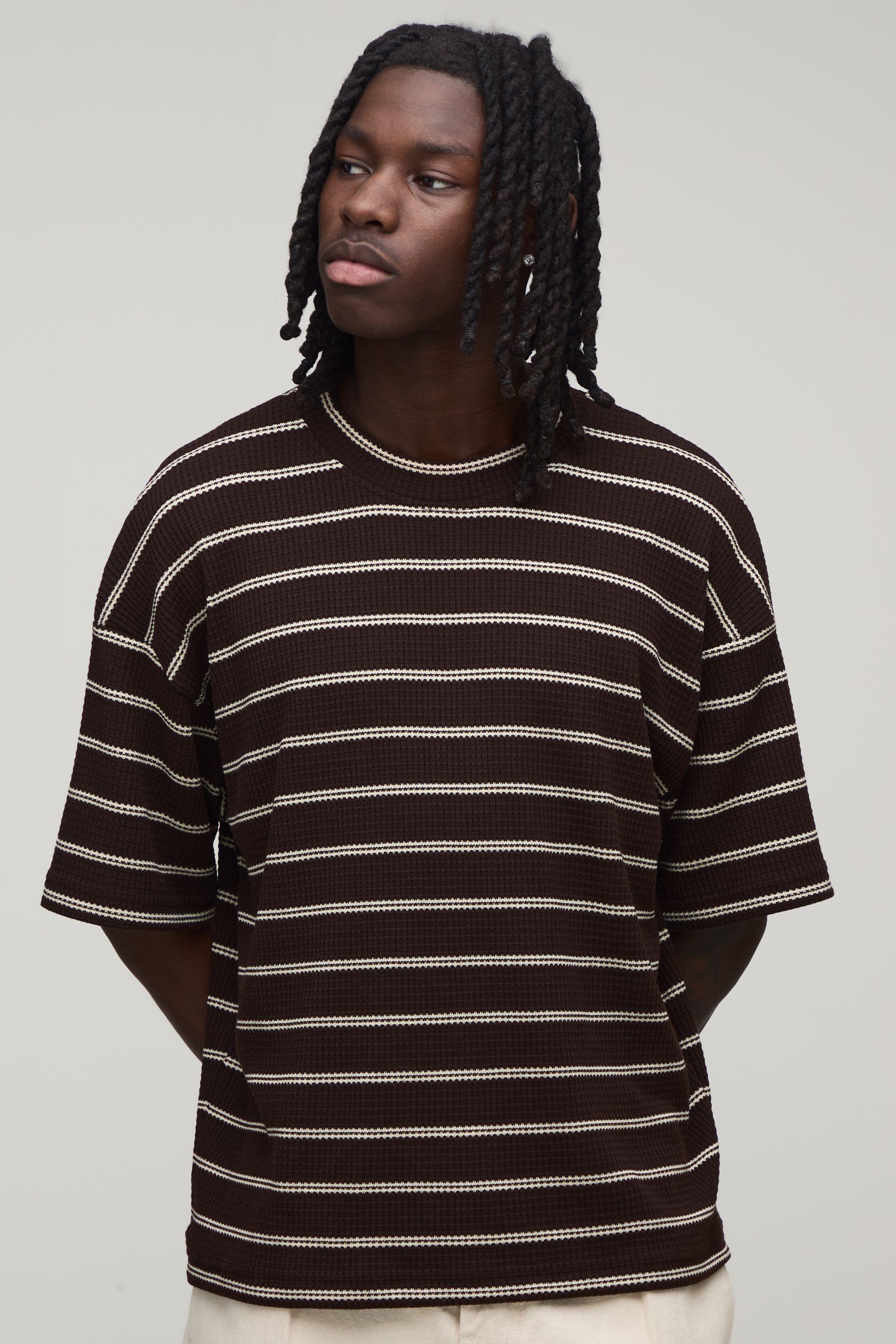 Oversized Boxy Striped Waffle T-shirt by BOOHOOMAN