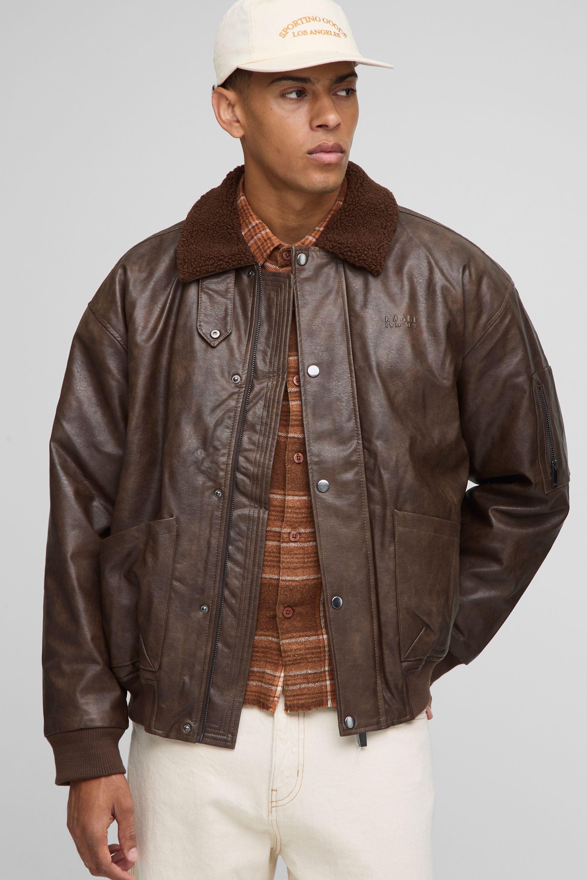 Oversized Boxy Textured PU Borg Collar Bomber Jacket by BOOHOOMAN