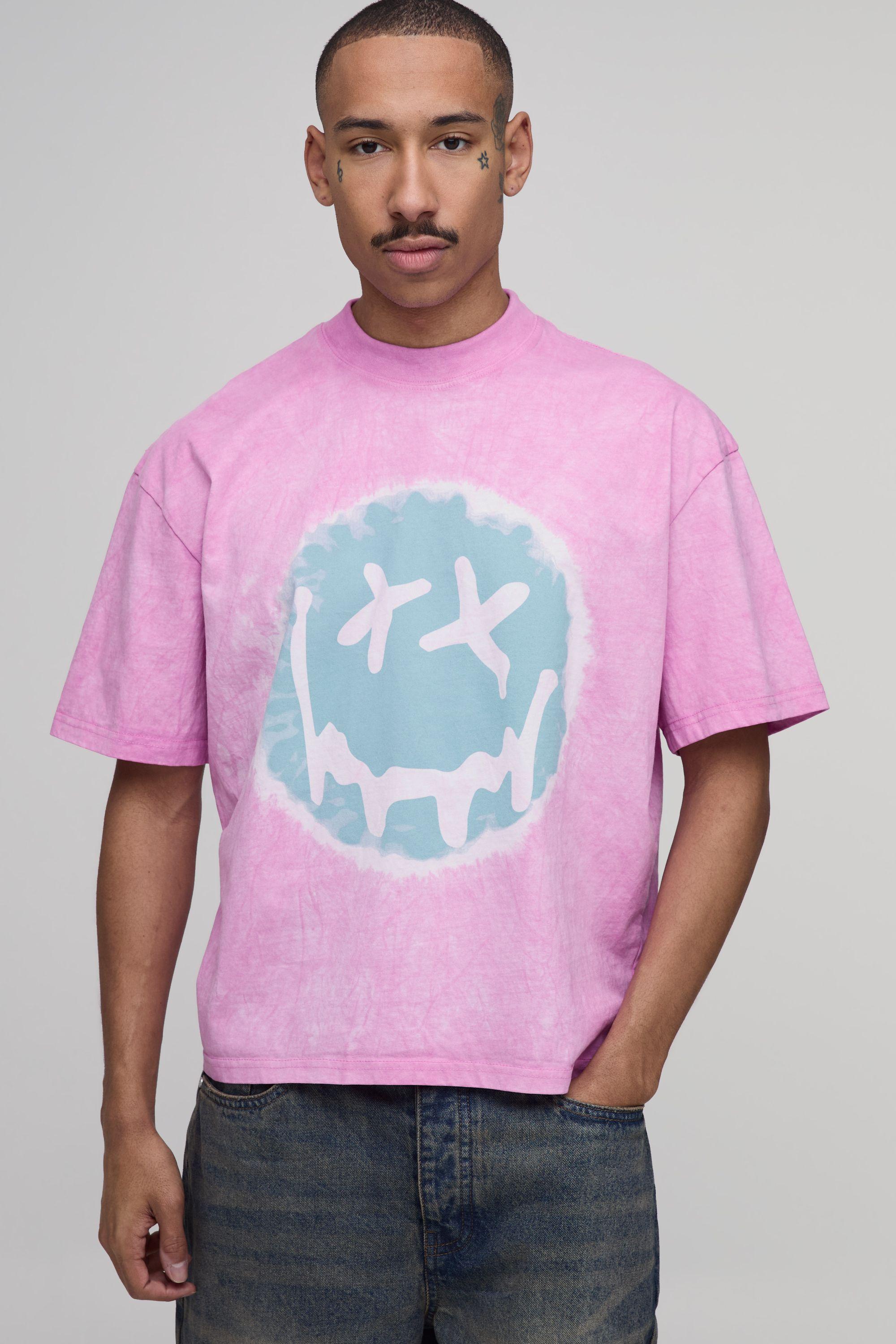 Oversized Boxy Tie Dye Smiley Face Print T-Shirt by BOOHOOMAN