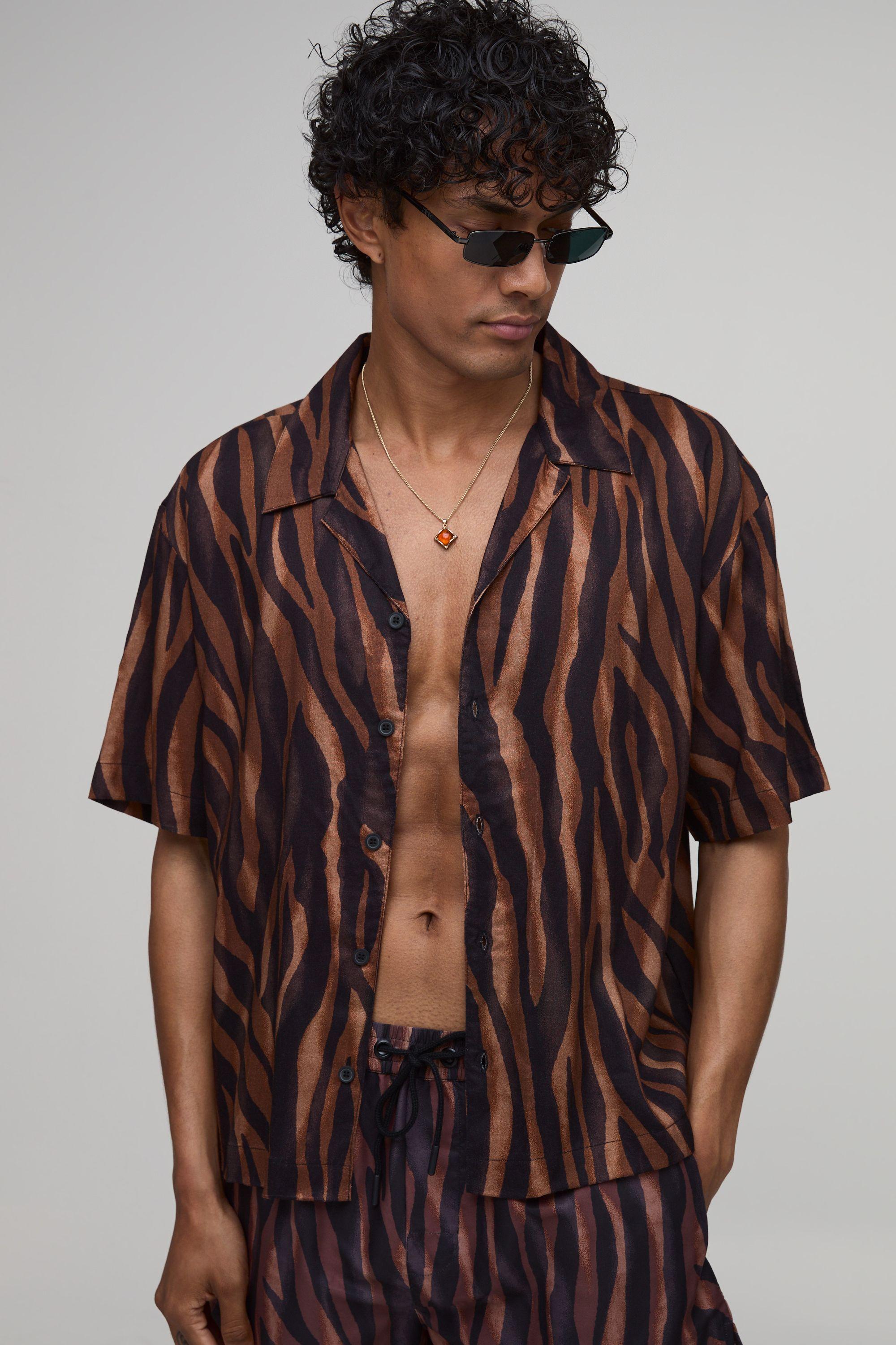 Oversized Boxy Tiger Print Revere Shirt by BOOHOOMAN