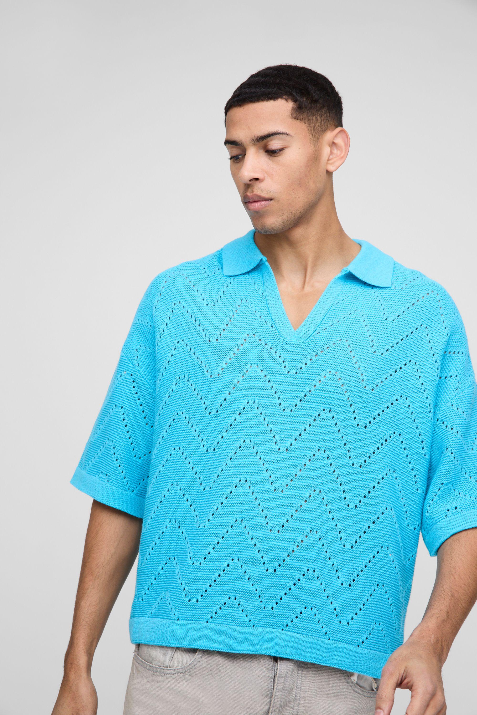 Oversized Boxy V Neck Geometric Knitted Polo by BOOHOOMAN
