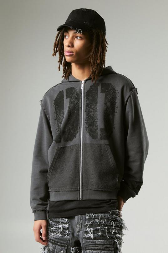 Oversized Boxy Varsity Raw Edge Zip Through Loopback Hoodie by BOOHOOMAN