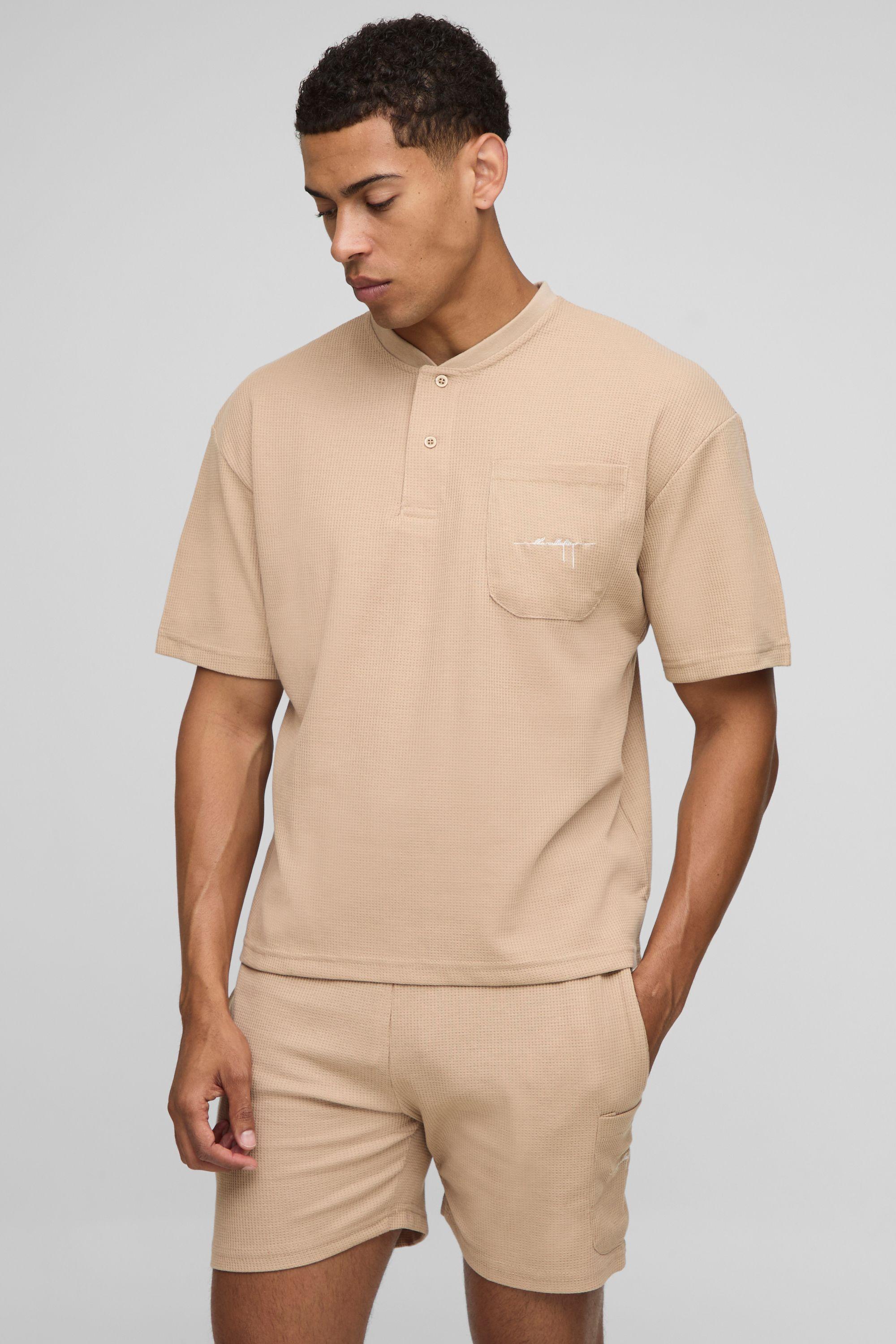 Oversized Boxy Waffle Embroidered T-Shirt & Short Set by BOOHOOMAN