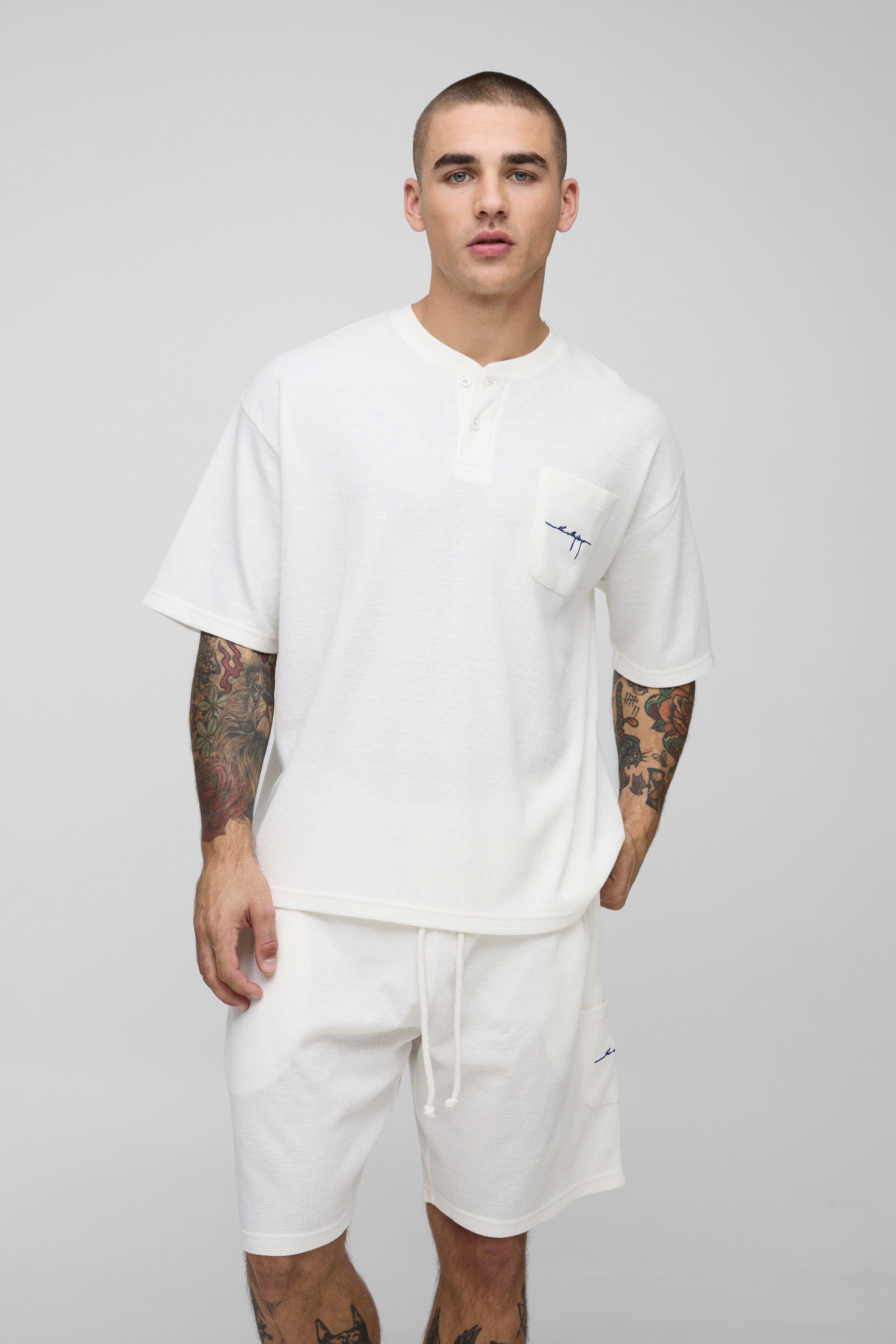 Oversized Boxy Waffle Embroidered T-Shirt & Short Set by BOOHOOMAN