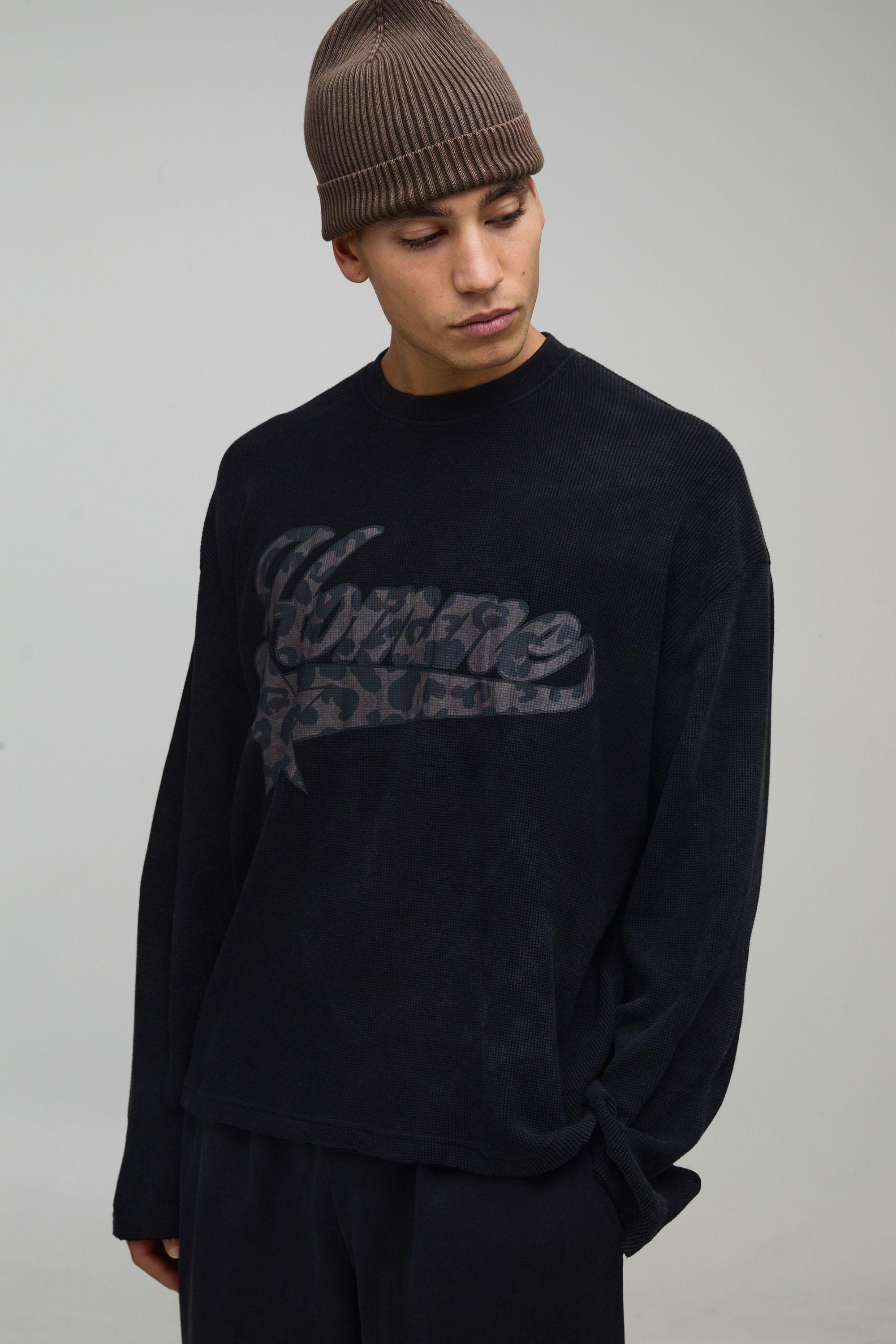 Oversized Boxy Waffle Flared Long Sleeve Leopard T-Shirt by BOOHOOMAN
