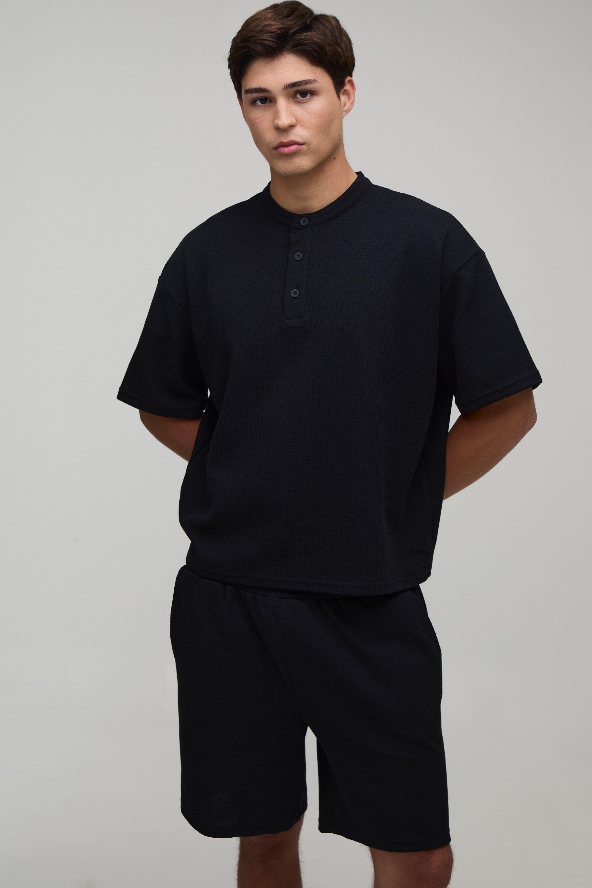 Oversized Boxy Waffle Henley T-Shirt & Baggy Shorts Set by BOOHOOMAN