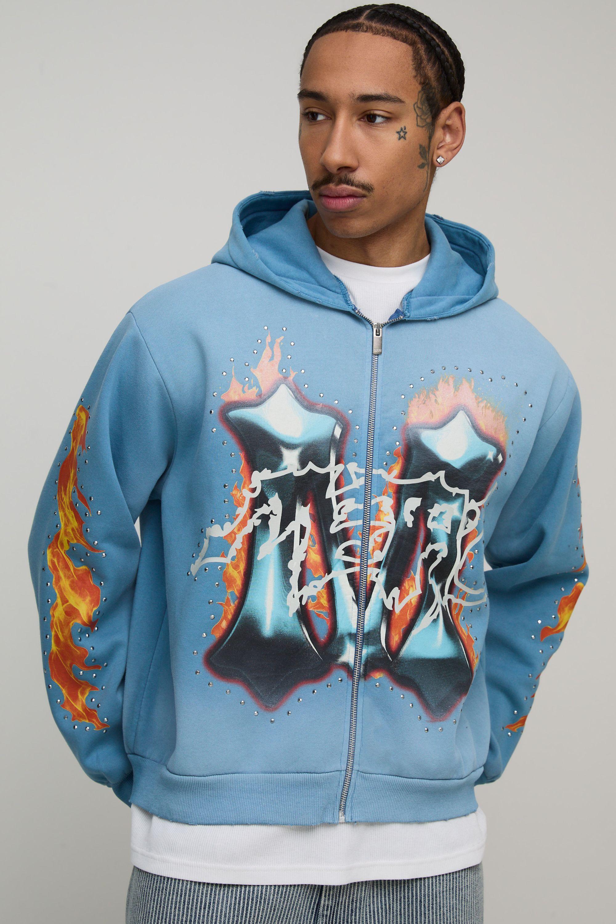 Oversized Boxy Washed Embellished M Graphic Distressed Zip Through Hoodie by BOOHOOMAN