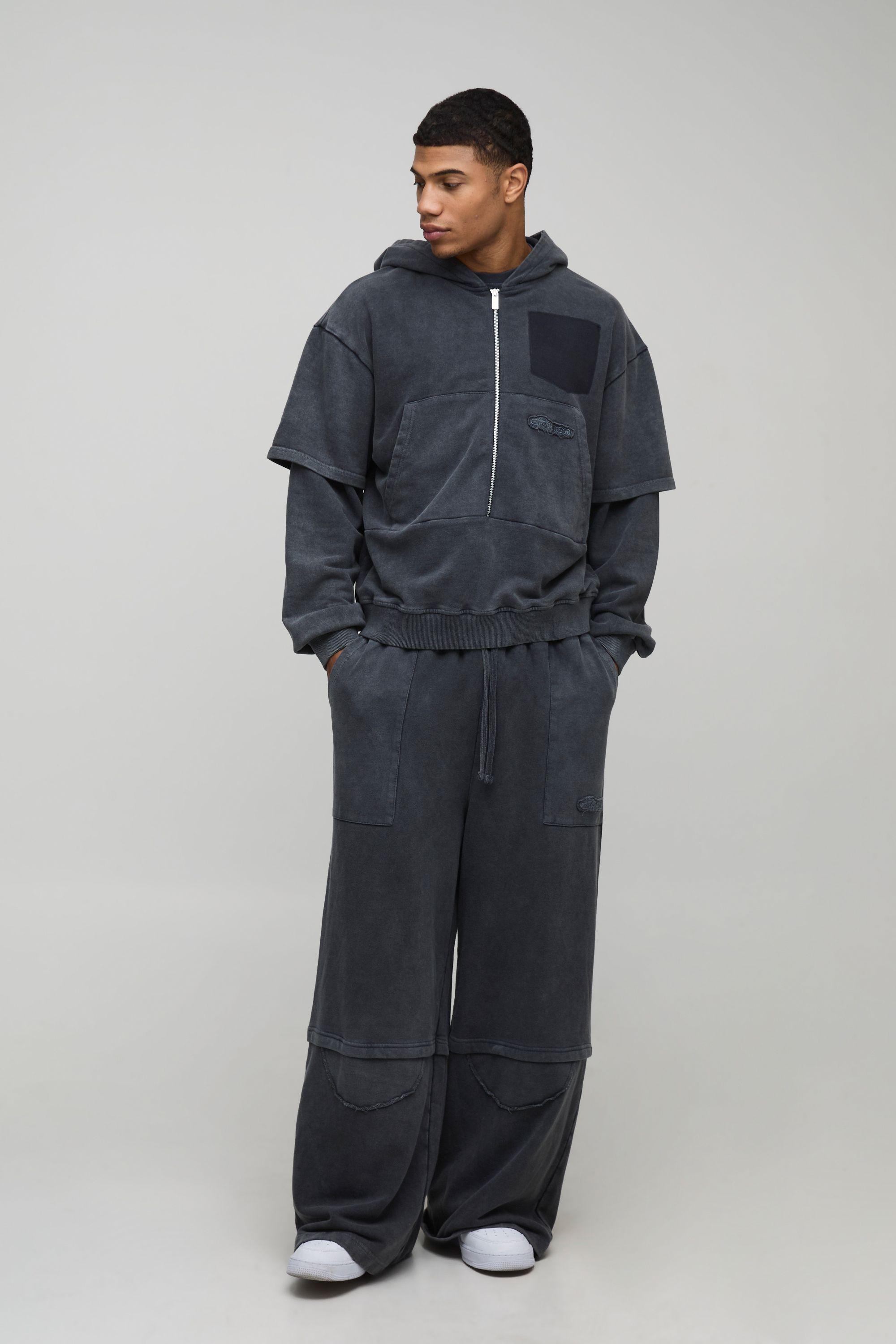 Oversized Boxy Washed Loopback Faux Layer Zip Through Hoodie by BOOHOOMAN