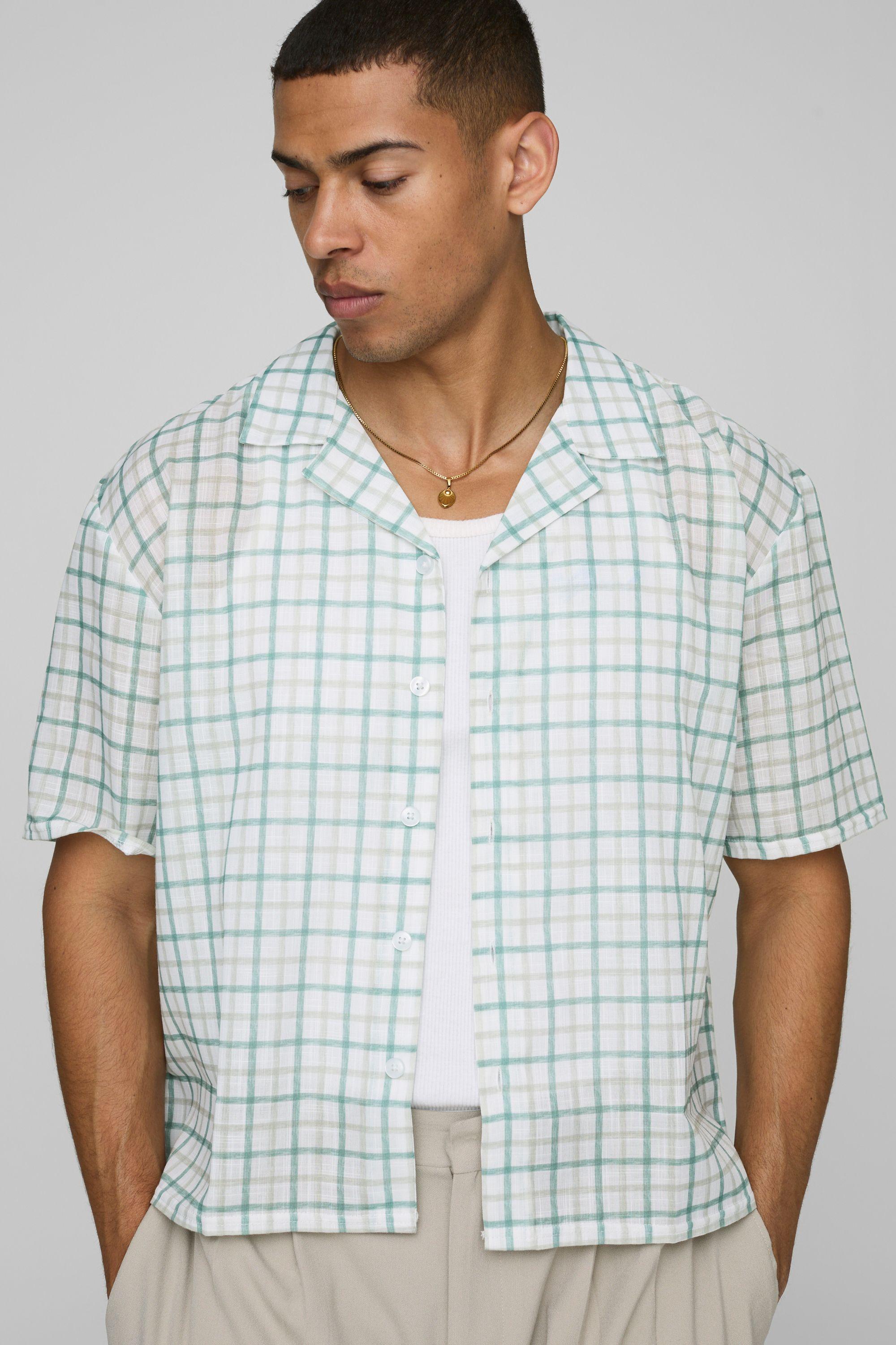 Oversized Boxy Window Check Slub Revere Shirt by BOOHOOMAN