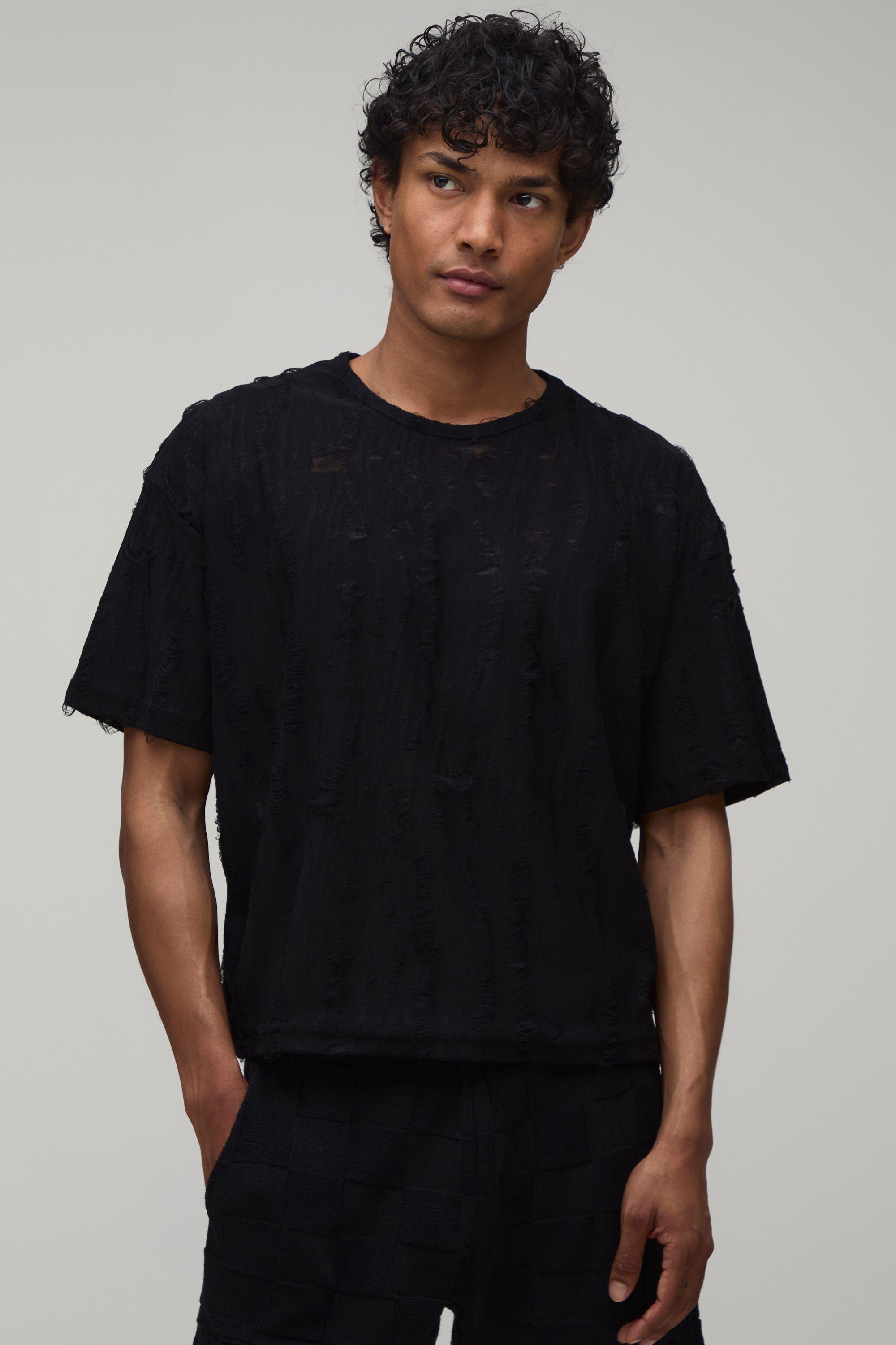 Oversized Boxy Woven Burn Out T-Shirt by BOOHOOMAN