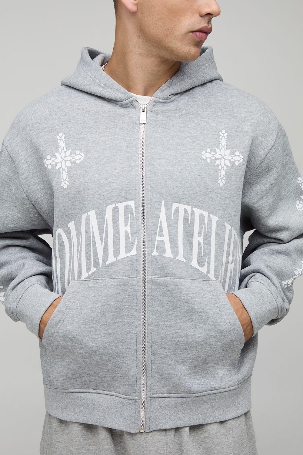 Oversized Boxy Zip Through Homme Print Cross Hoodie by BOOHOOMAN