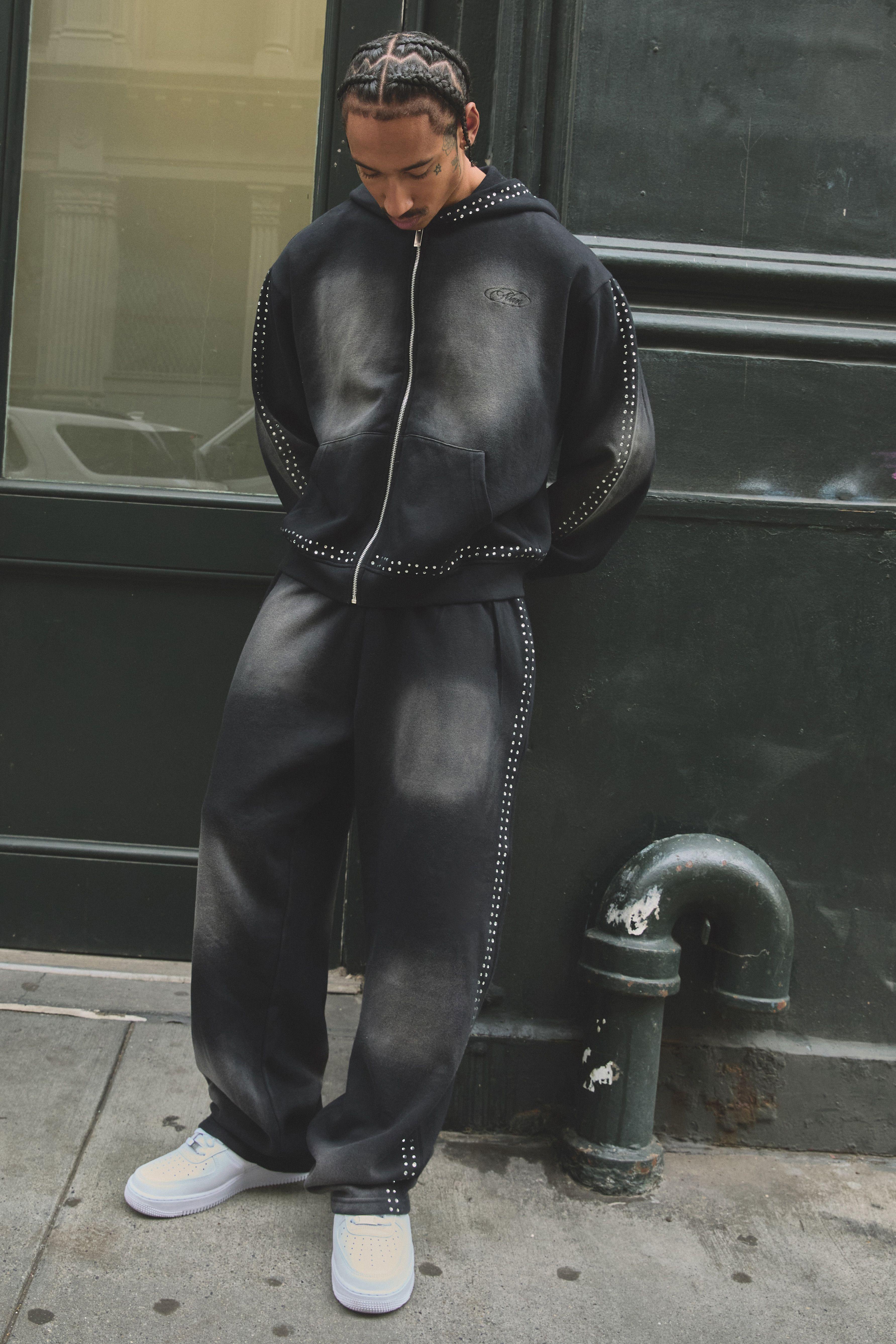 Oversized Boxy Zip Through Rhinestone washed  Hoodie And Baggy Jogger Tracksuit by BOOHOOMAN