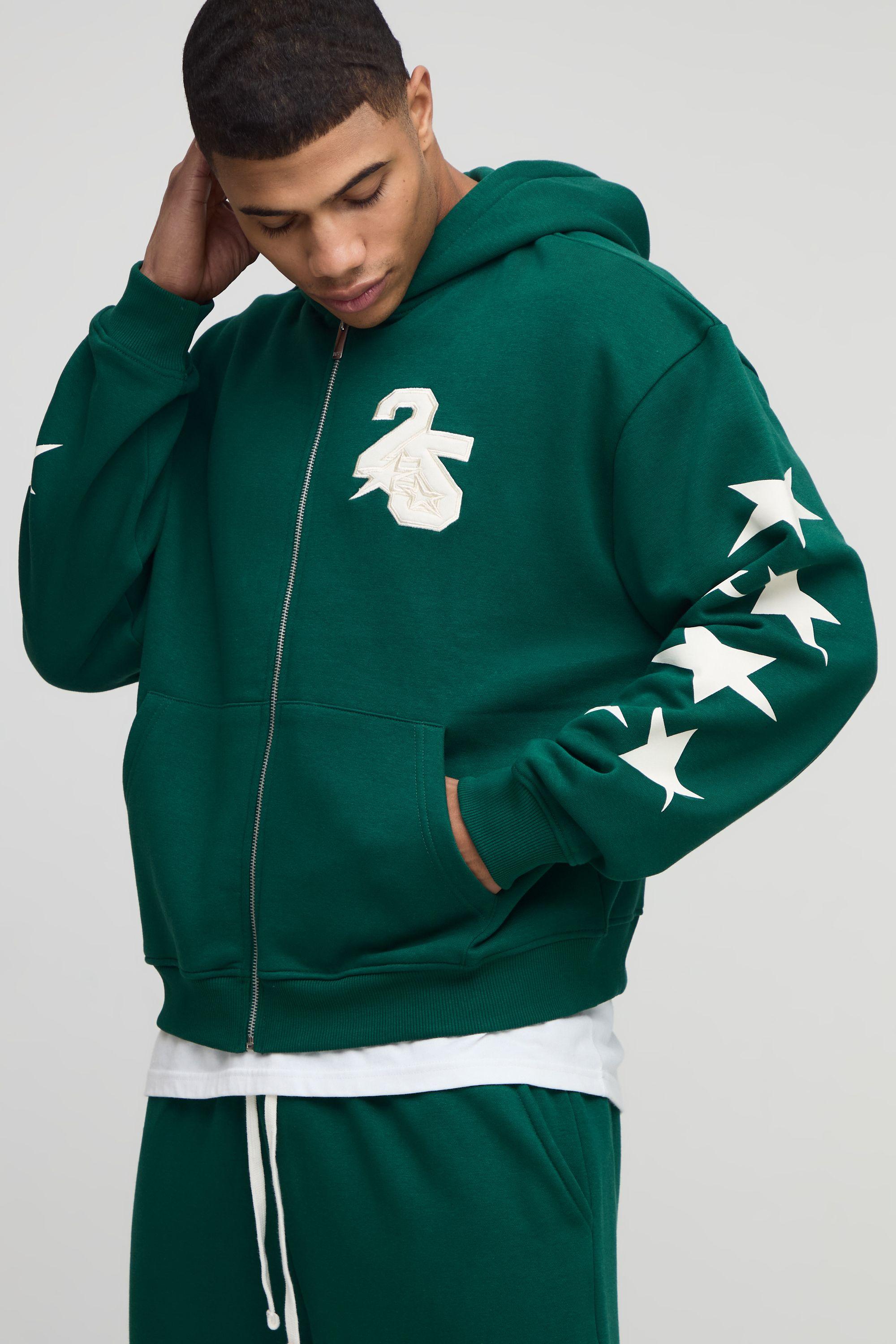 Oversized Boxy Zip Through Varsity Applique Hoodie by BOOHOOMAN