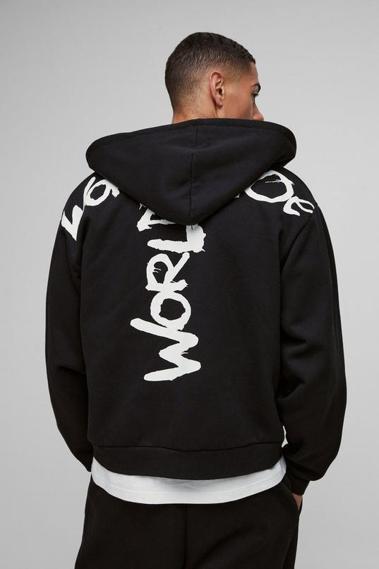 Oversized Boxy Zip Through Worldwide Graffiti Print Zip Through Hoodie by BOOHOOMAN