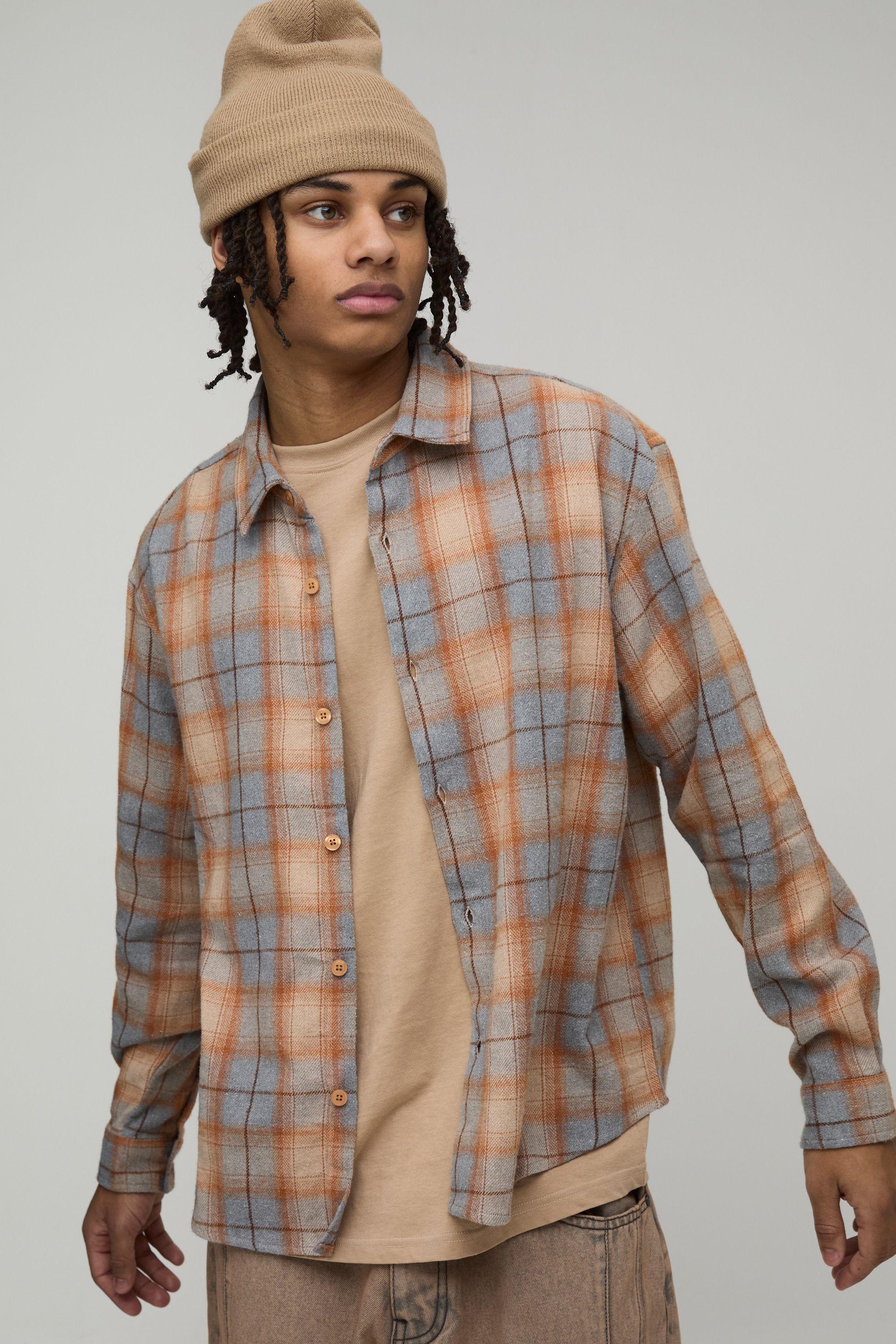 Oversized Brushed Check Curved Hem Shirt by BOOHOOMAN