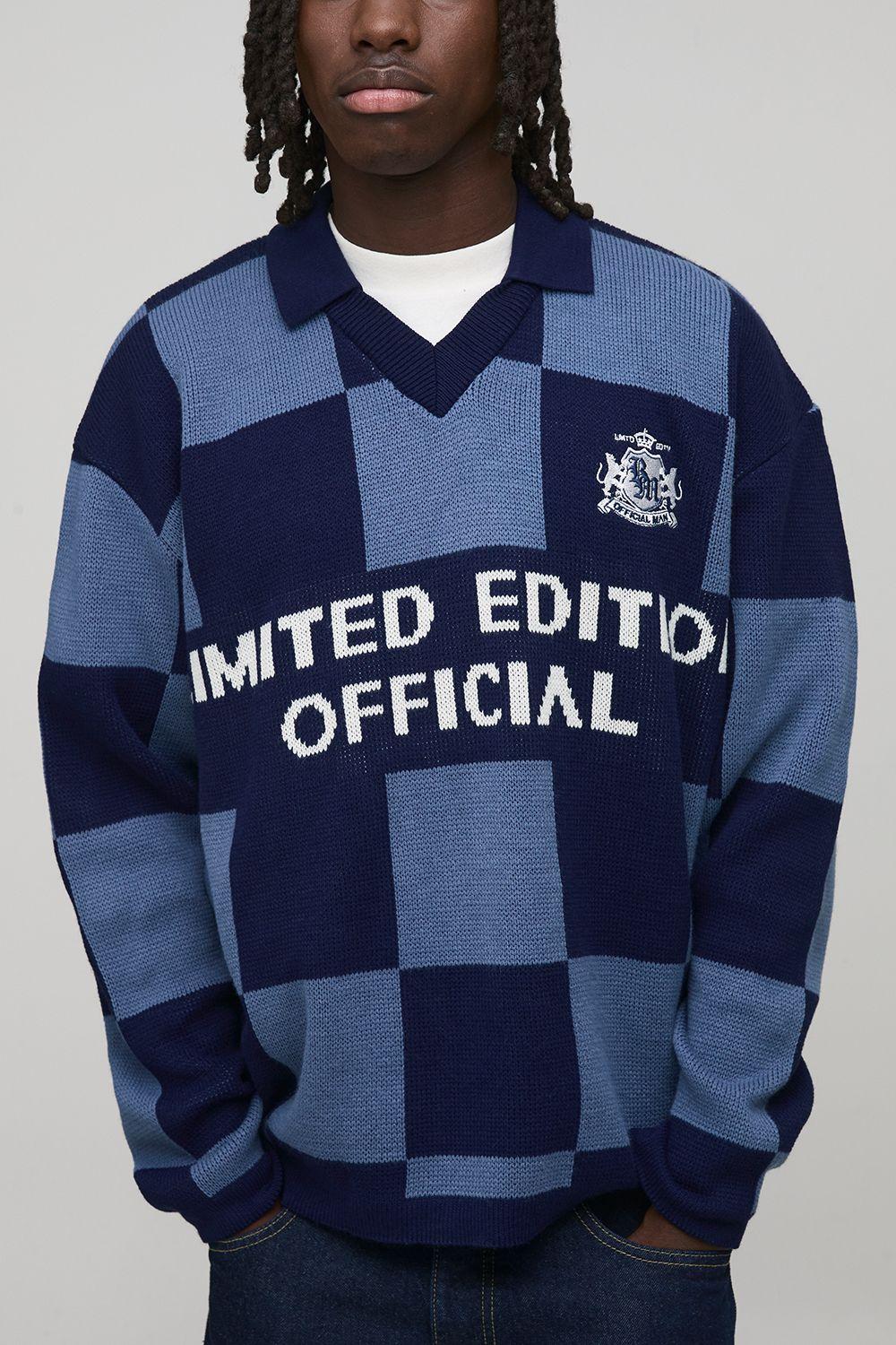 Oversized Checker Board Jacquard Knitted Rugby Polo by BOOHOOMAN