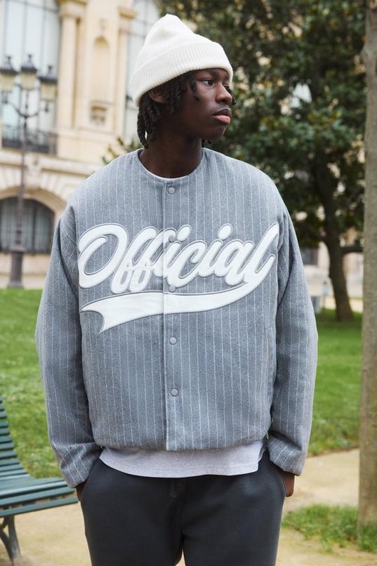 Oversized Collarless Stripe Baseball Varsity Jacket by BOOHOOMAN