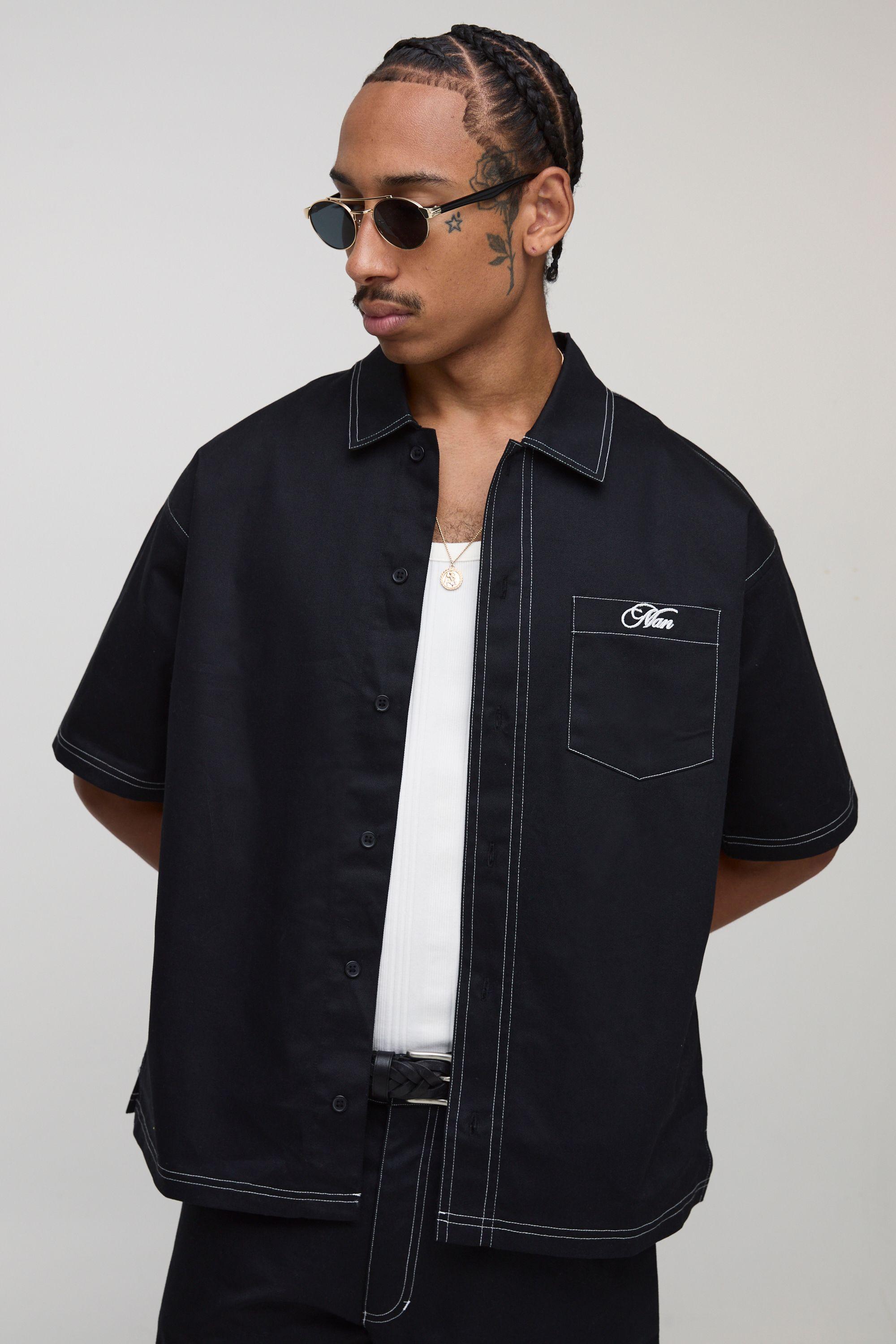 Oversized Contrast Stitch Embroidered Short Sleeve Shirt by BOOHOOMAN