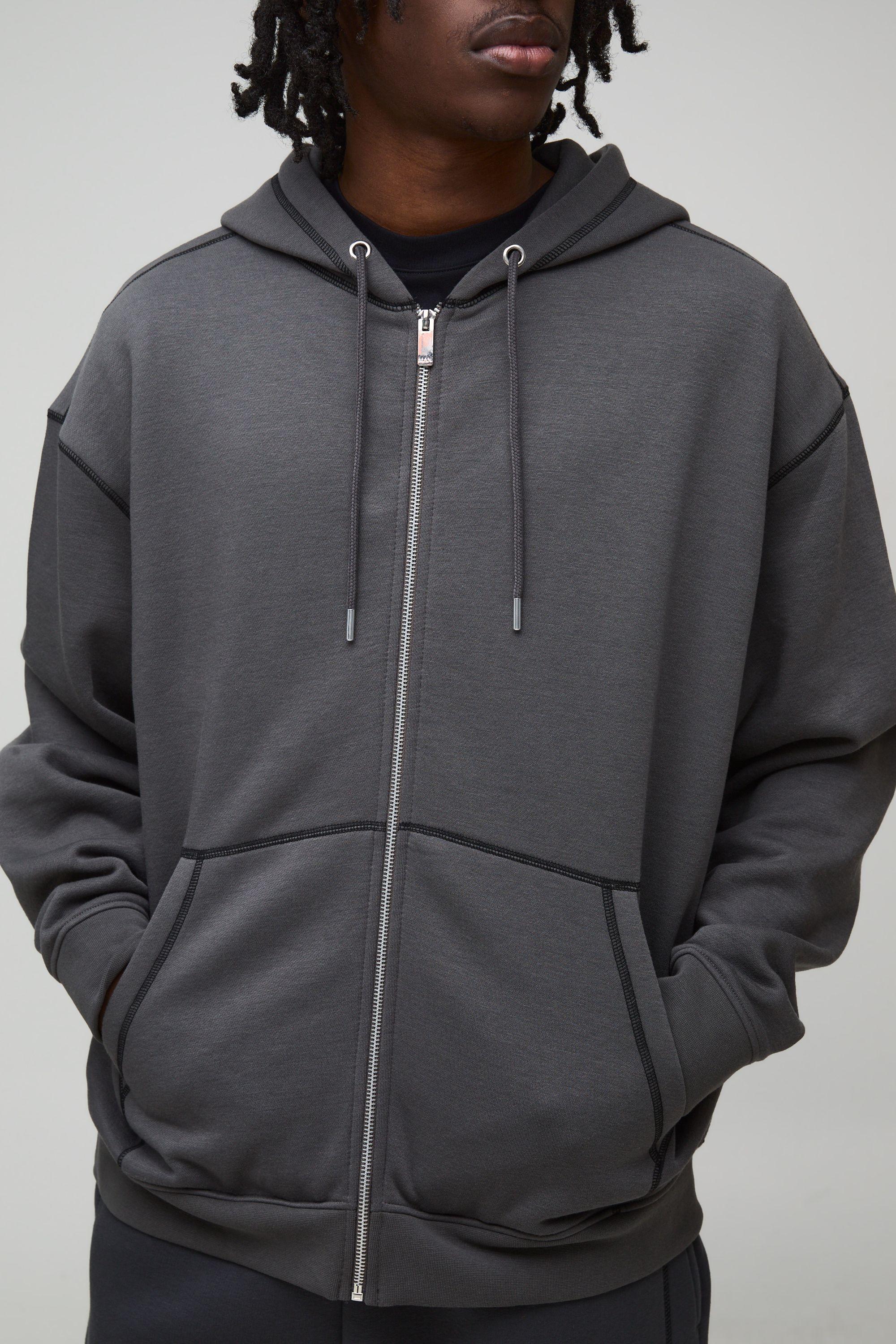 Oversized Contrast Stitch Zip Through Hoodie by BOOHOOMAN