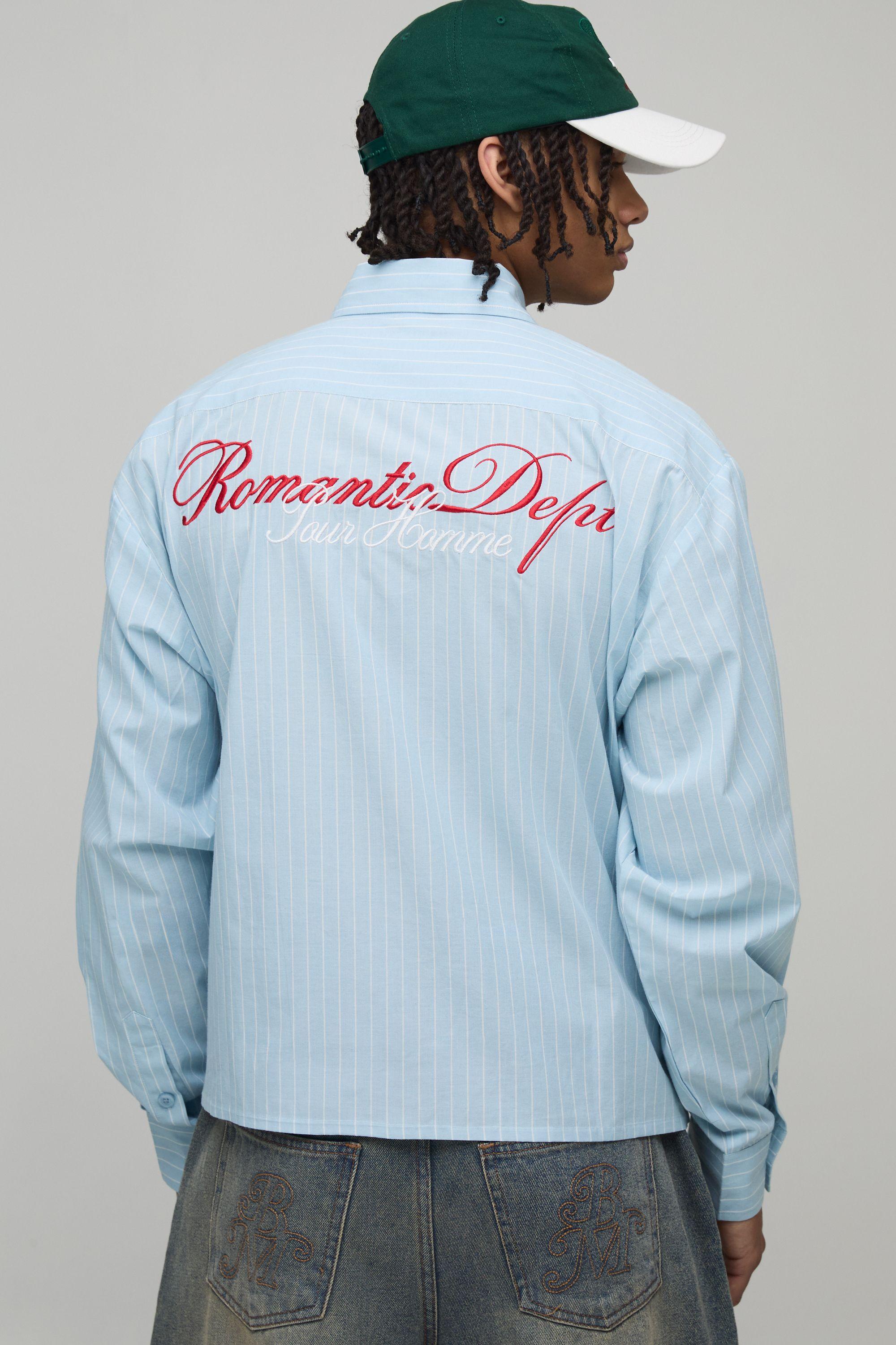 Oversized Cotton Poplin Pinstripe Graphic Long Sleeve Shirt by BOOHOOMAN
