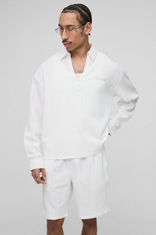 Oversized Crease Cheesecloth V-Neck Overhead Shirt & Short Set by BOOHOOMAN