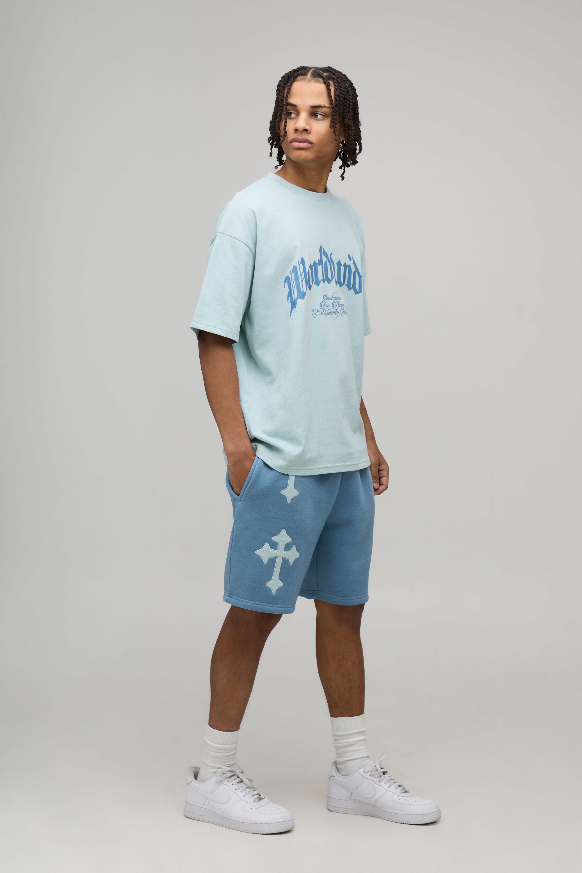 Oversized Cross Applique T-Shirt & Short Set by BOOHOOMAN