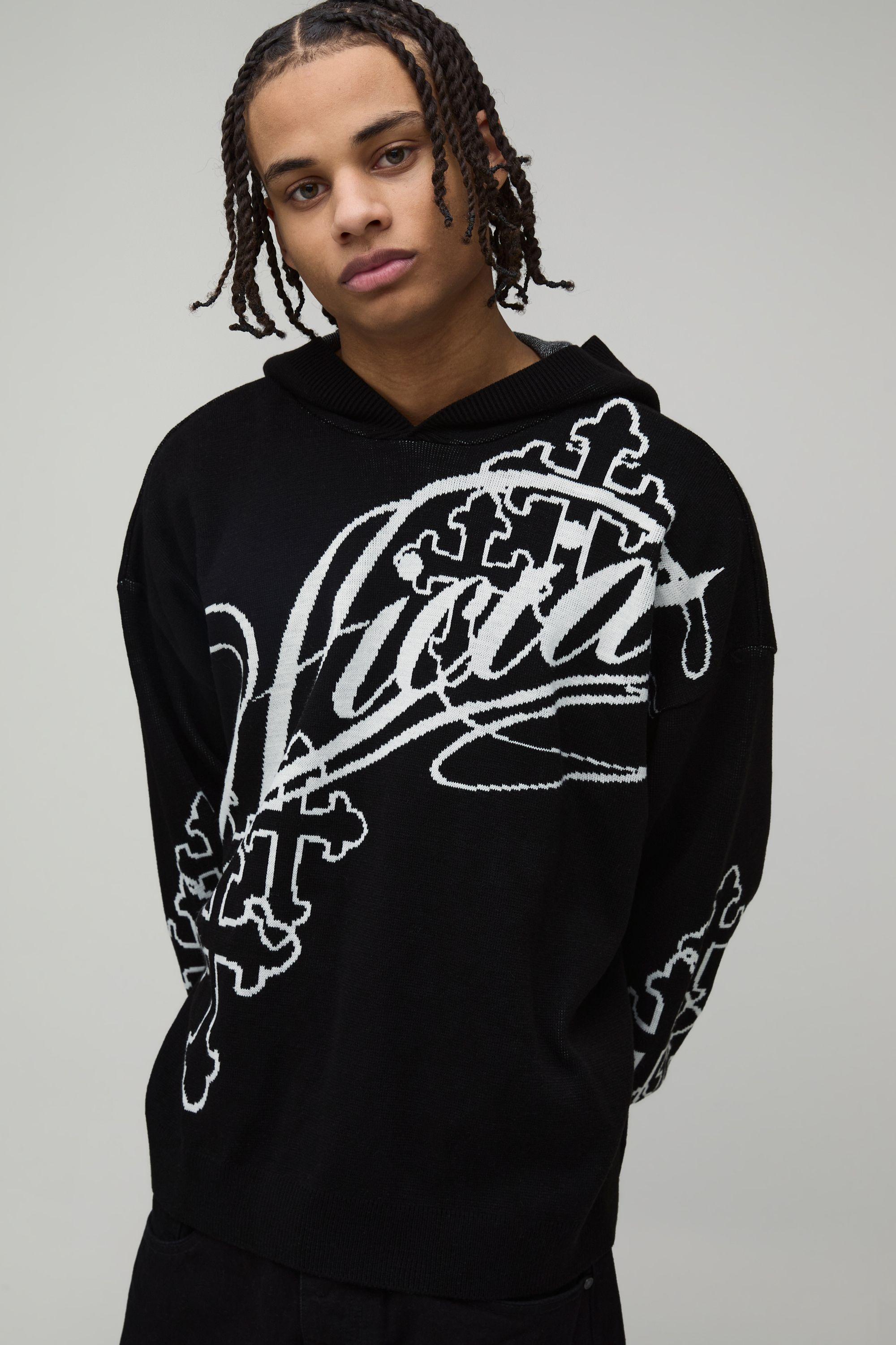 Oversized Cross Jacquard Knitted Hoodie by BOOHOOMAN