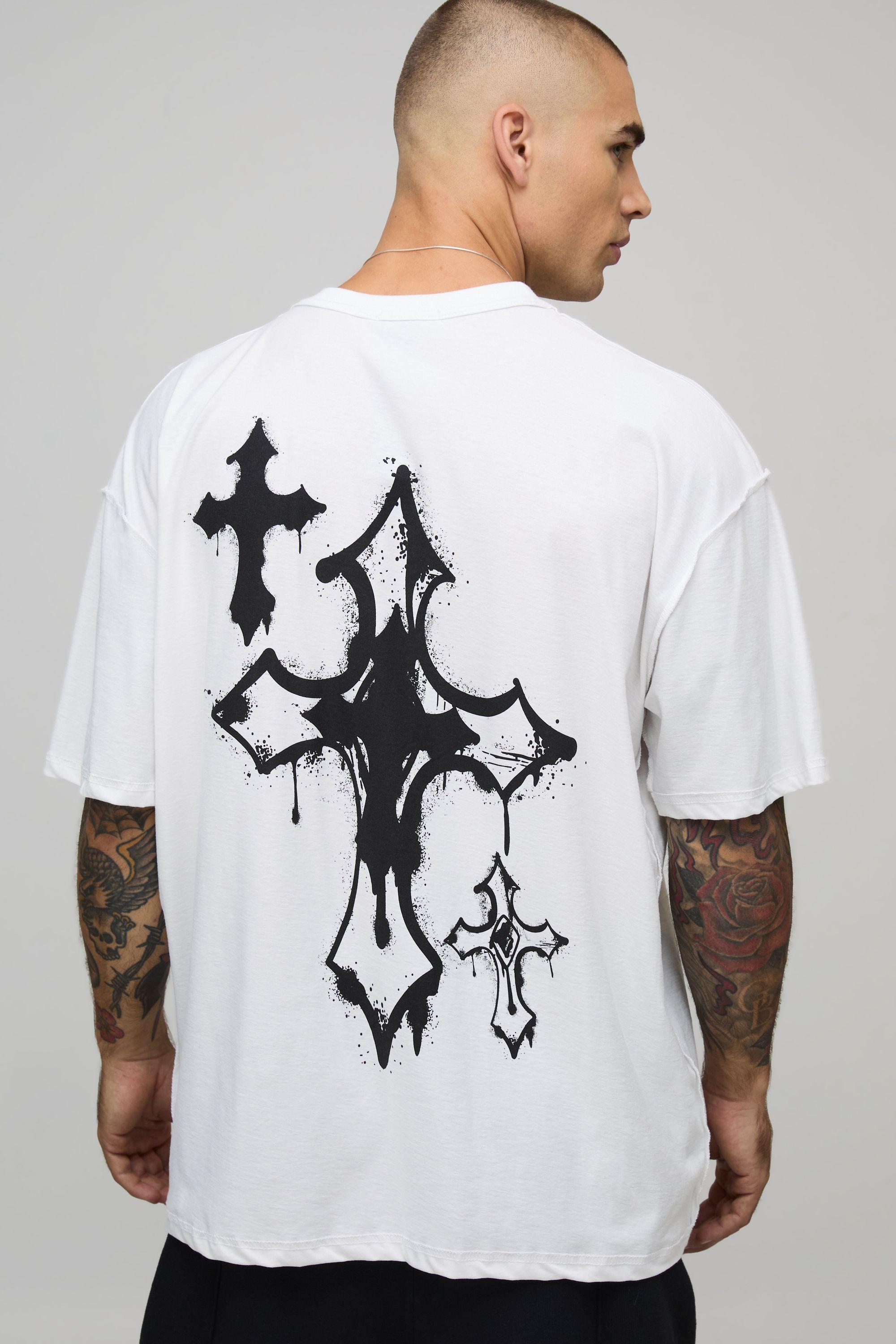 Oversized Cross Print Exposed Seam T-Shirt by BOOHOOMAN