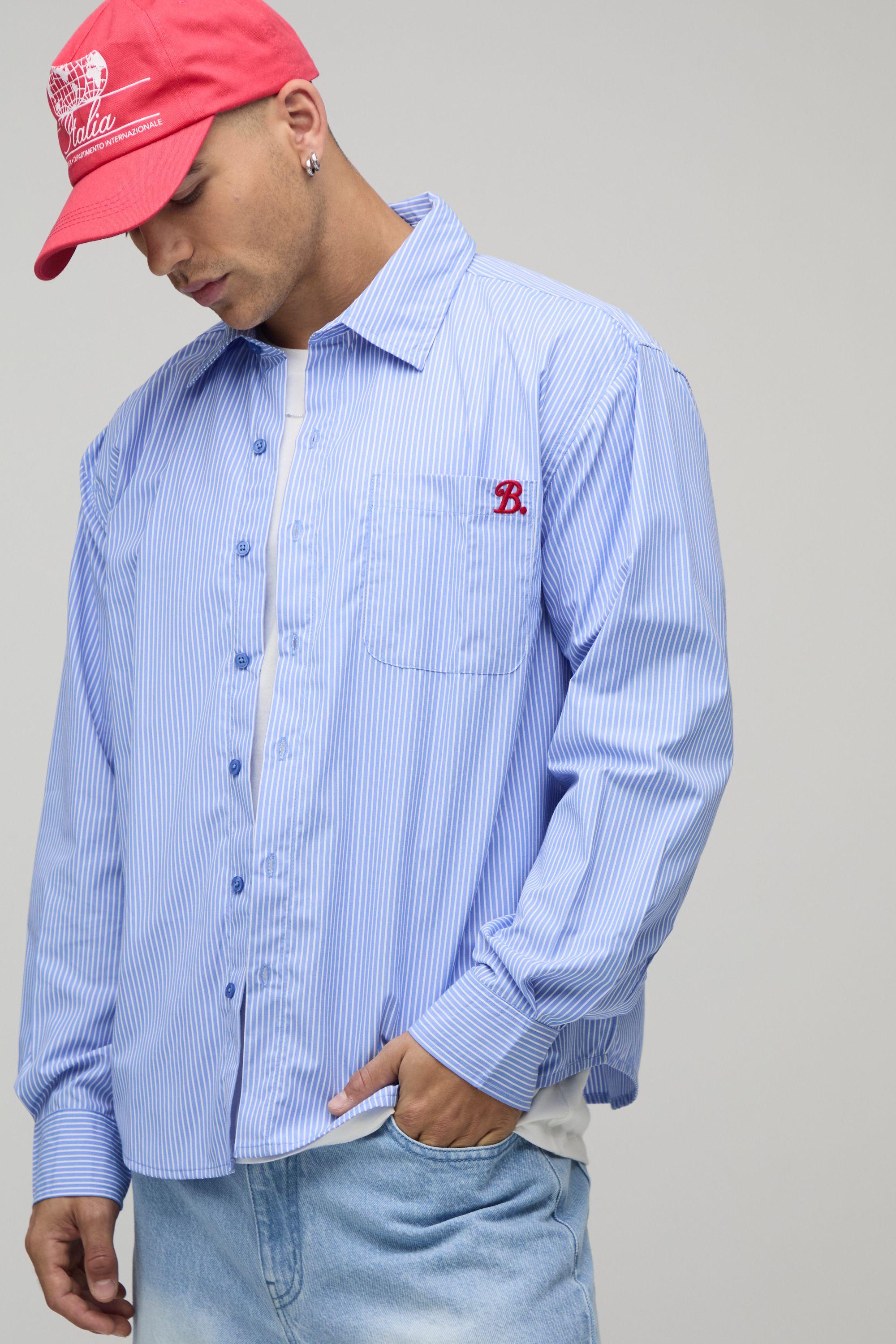 Oversized Curve Hem B Embroidery Stripe Shirt by BOOHOOMAN
