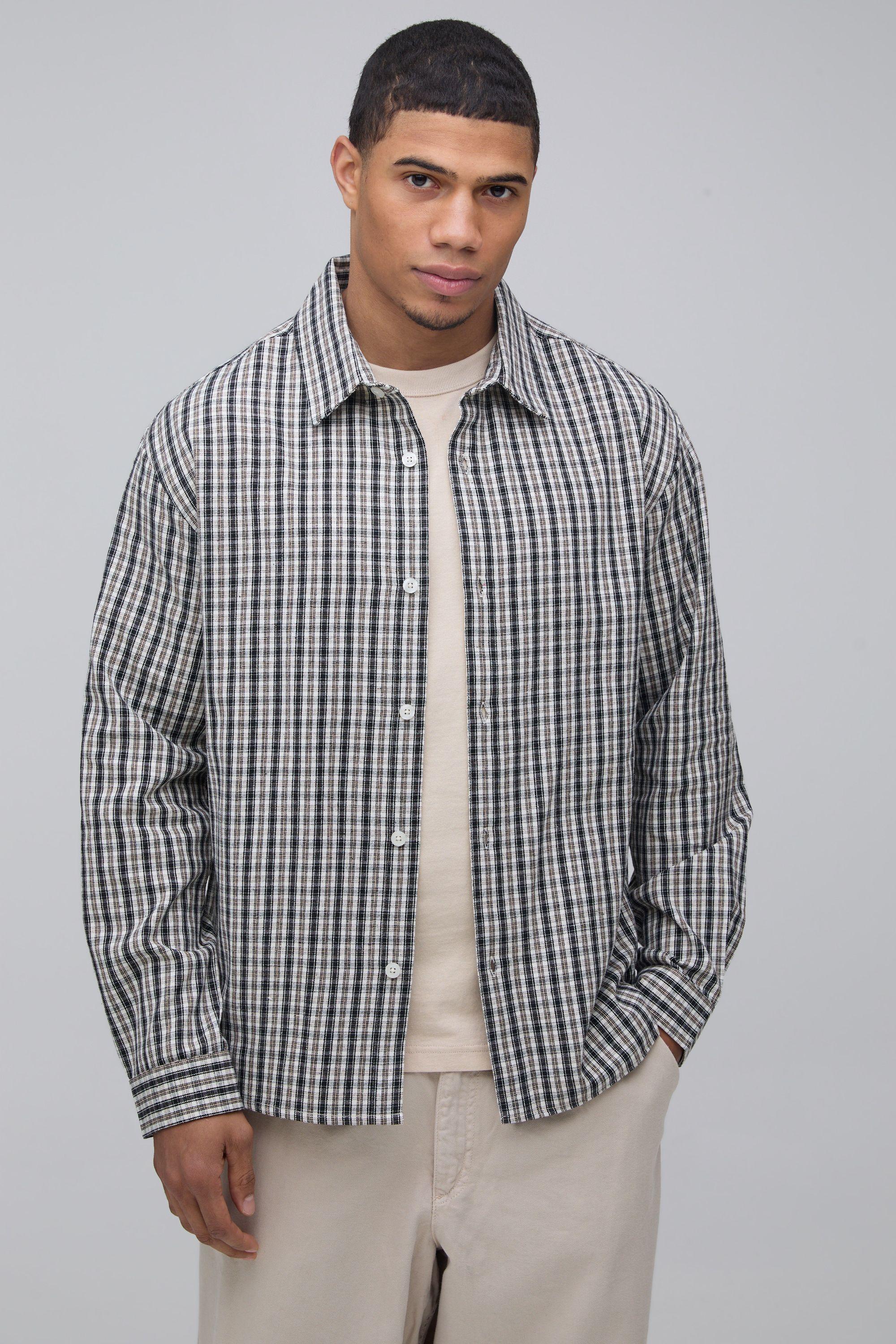 Oversized Curved Hem Micro Check Shirt by BOOHOOMAN