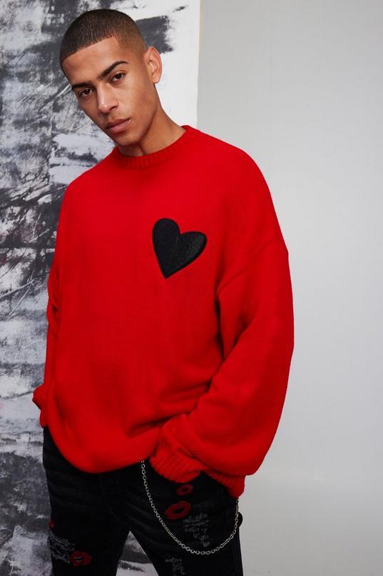 Oversized Distressed Hem And Heart Detail Jumper by BOOHOOMAN