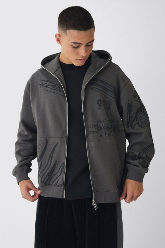Oversized Doodle Zip Through Hoodie by BOOHOOMAN