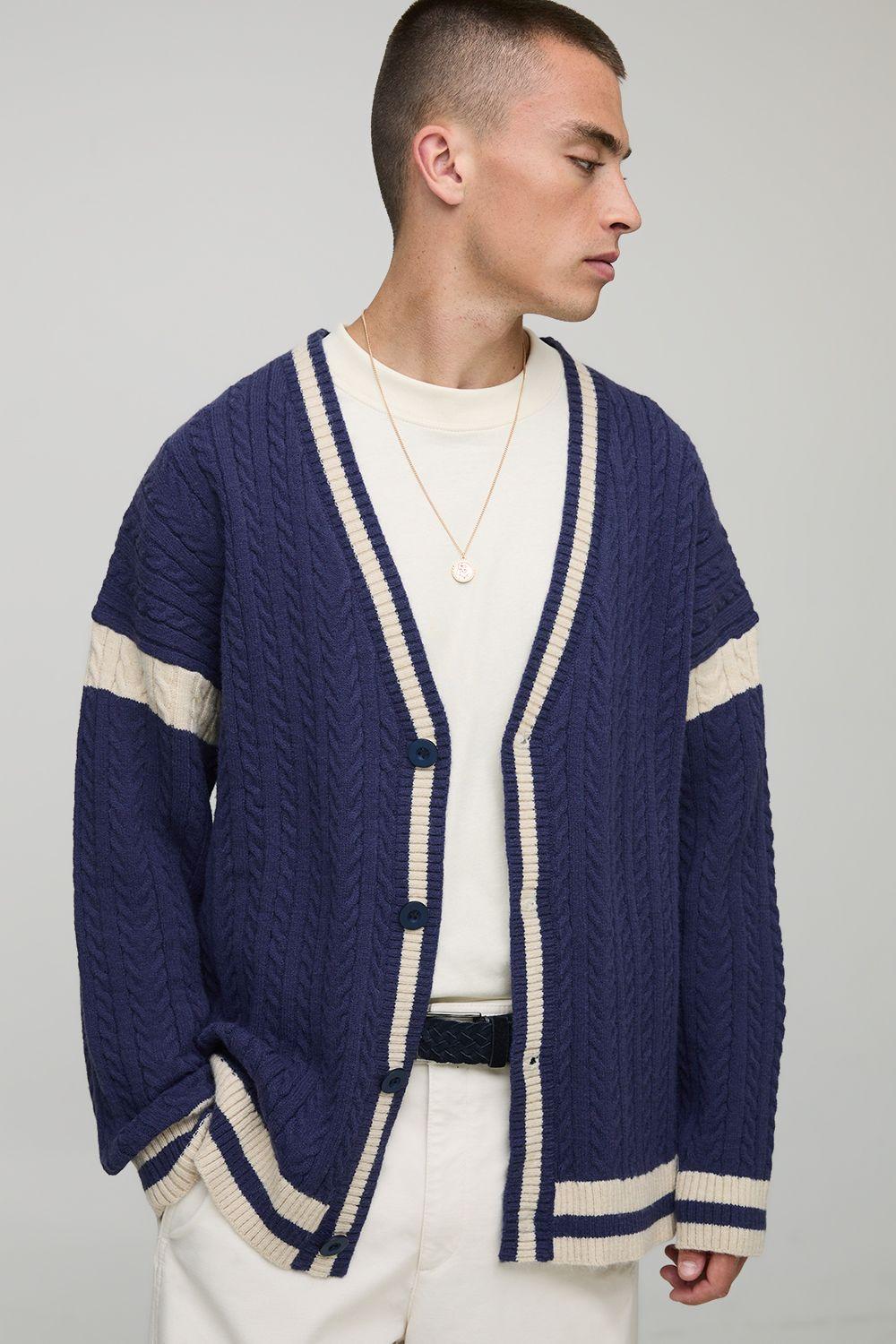 Oversized Drop Shoulder Boucle Cable Knitted Preppy Cardigan by BOOHOOMAN