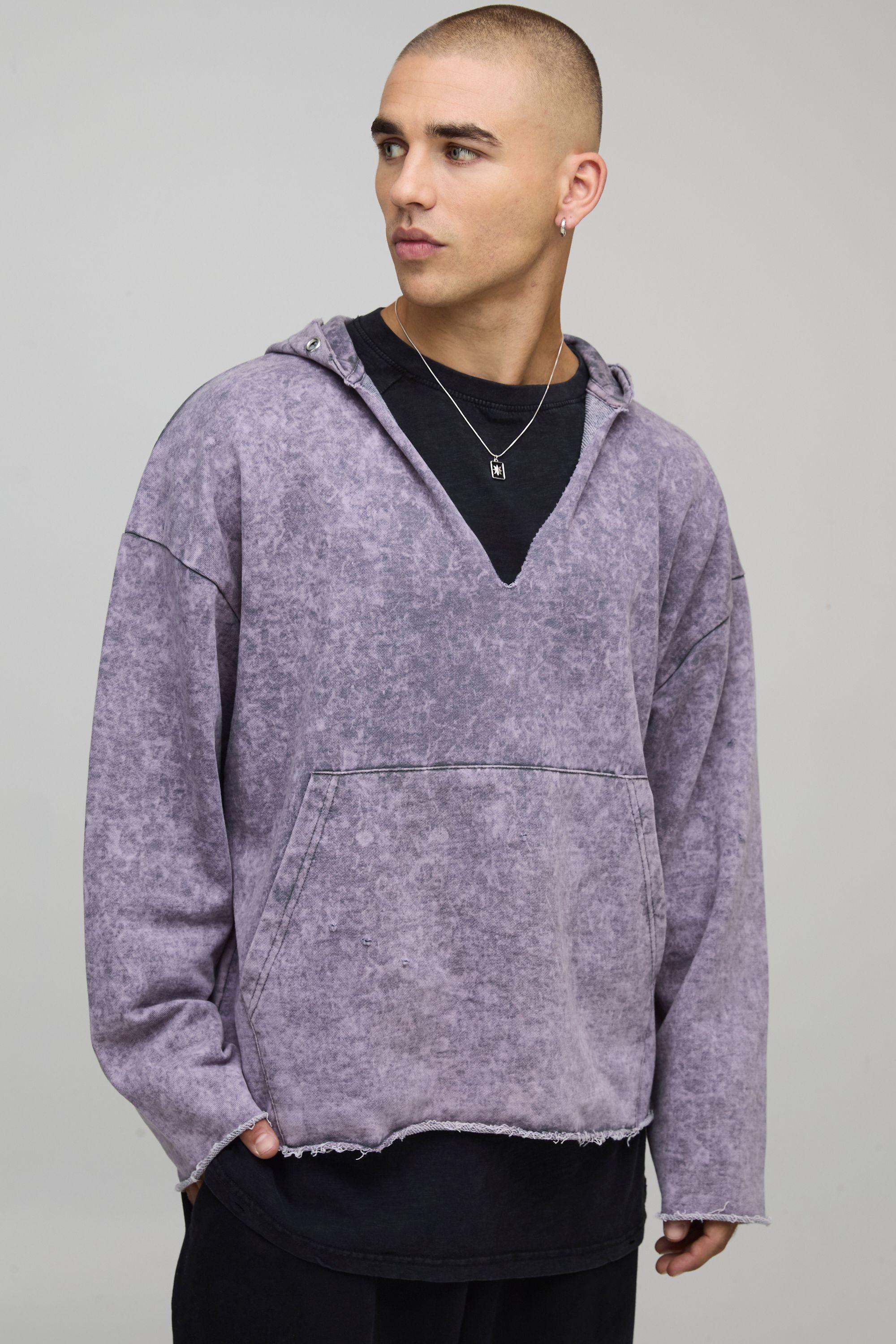 Oversized Drop Shoulder V Neck Washed Distressed Hoodie by BOOHOOMAN