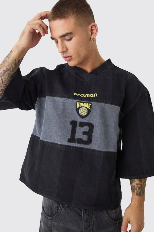 Oversized Embroidery Football Denim T-Shirt by BOOHOOMAN