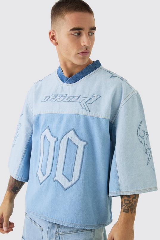 Oversized Embroidery Football Denim T-Shirt by BOOHOOMAN