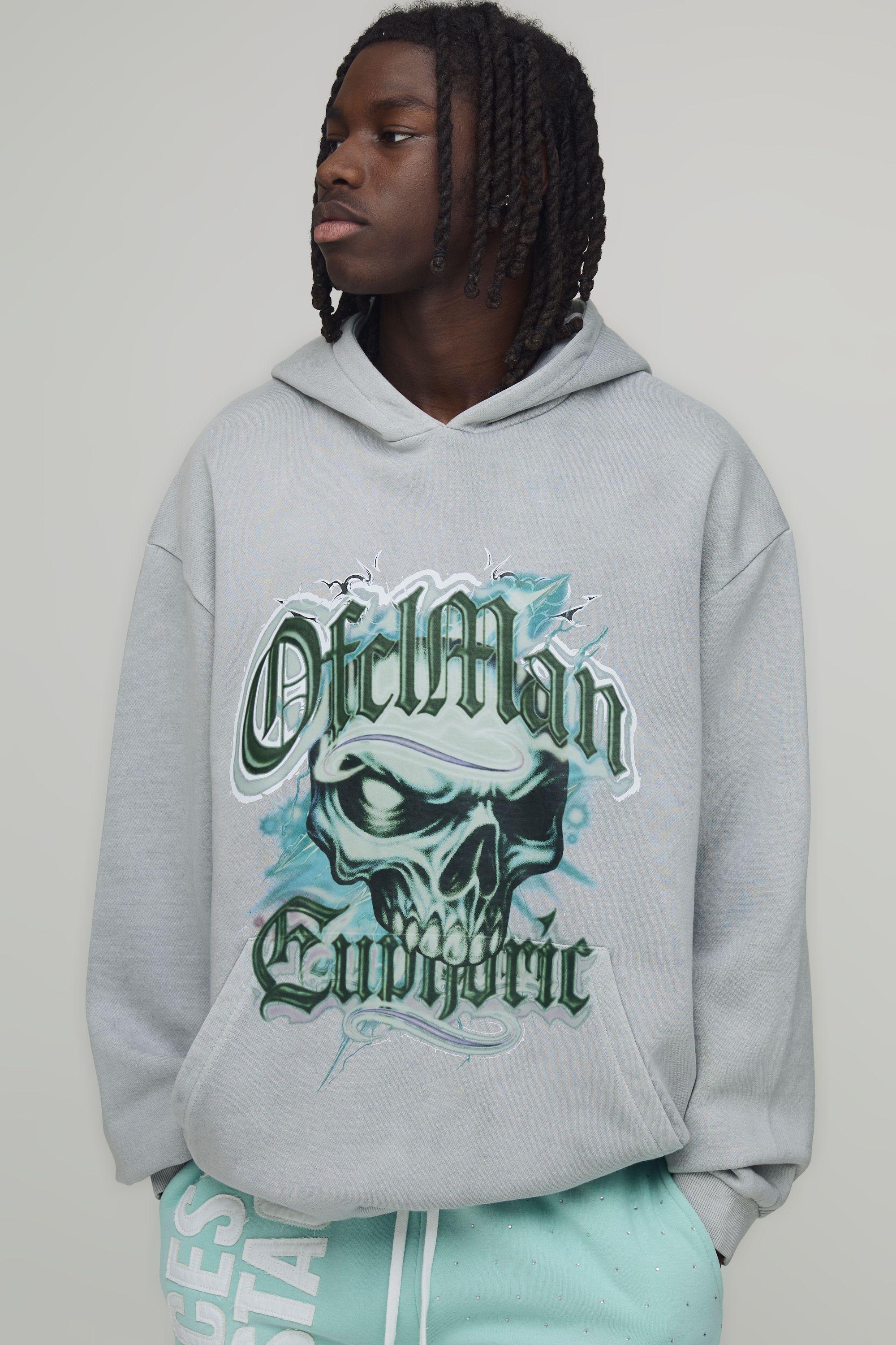 Oversized Euphoric Skull Graphic Washed Hoodie by BOOHOOMAN