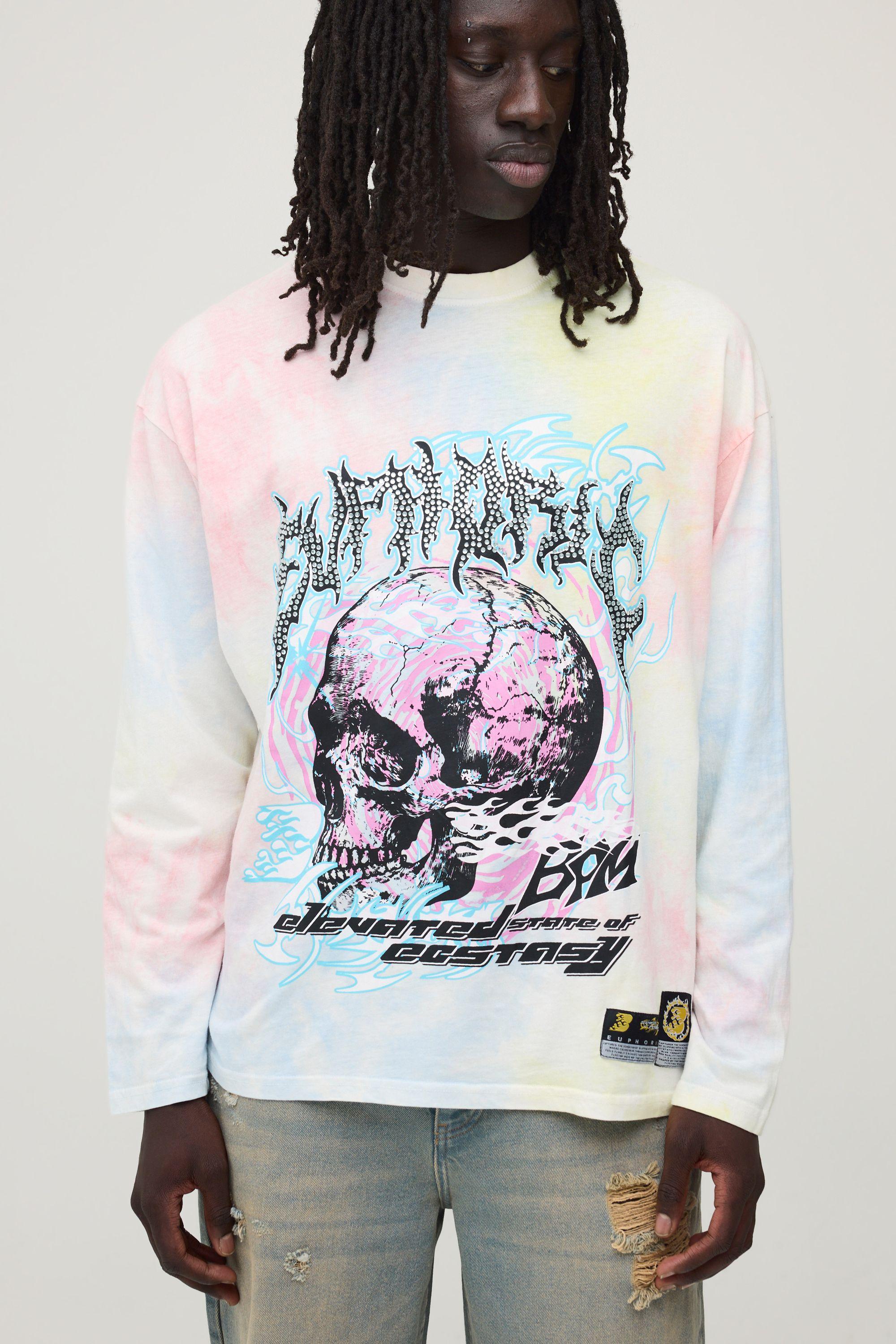 Oversized Euphoric Tie Dye Faux Graphic Rhinestone Long Sleeve T-Shirt by BOOHOOMAN