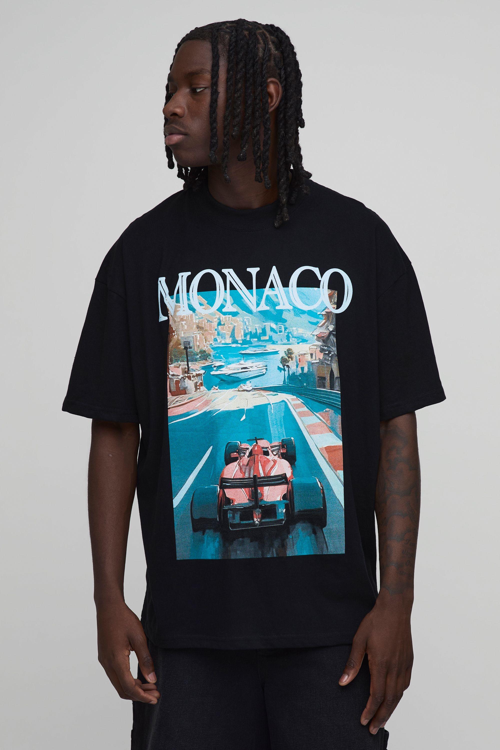 Oversized Extended Neck Monaco Racing Print T-Shirt by BOOHOOMAN
